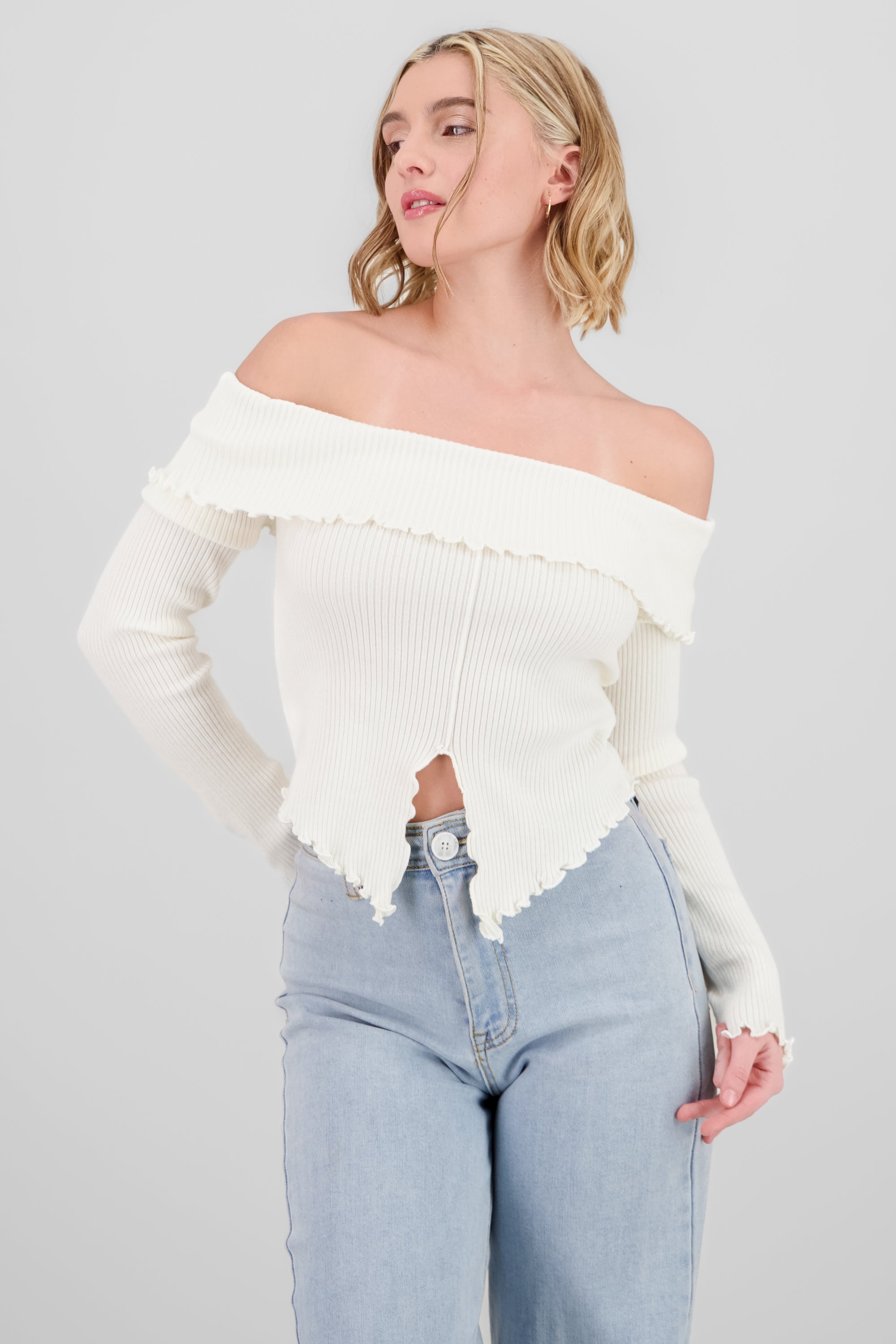 Pleated Off Shoulder Top IVORY