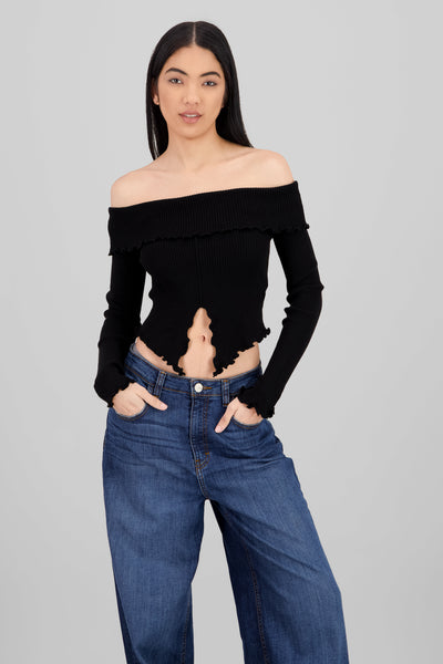 Pleated Off Shoulder Top BLACK