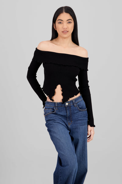 Pleated Off Shoulder Top BLACK