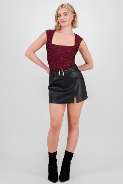 Faux Leather Mini Skirt with Belt BLACK