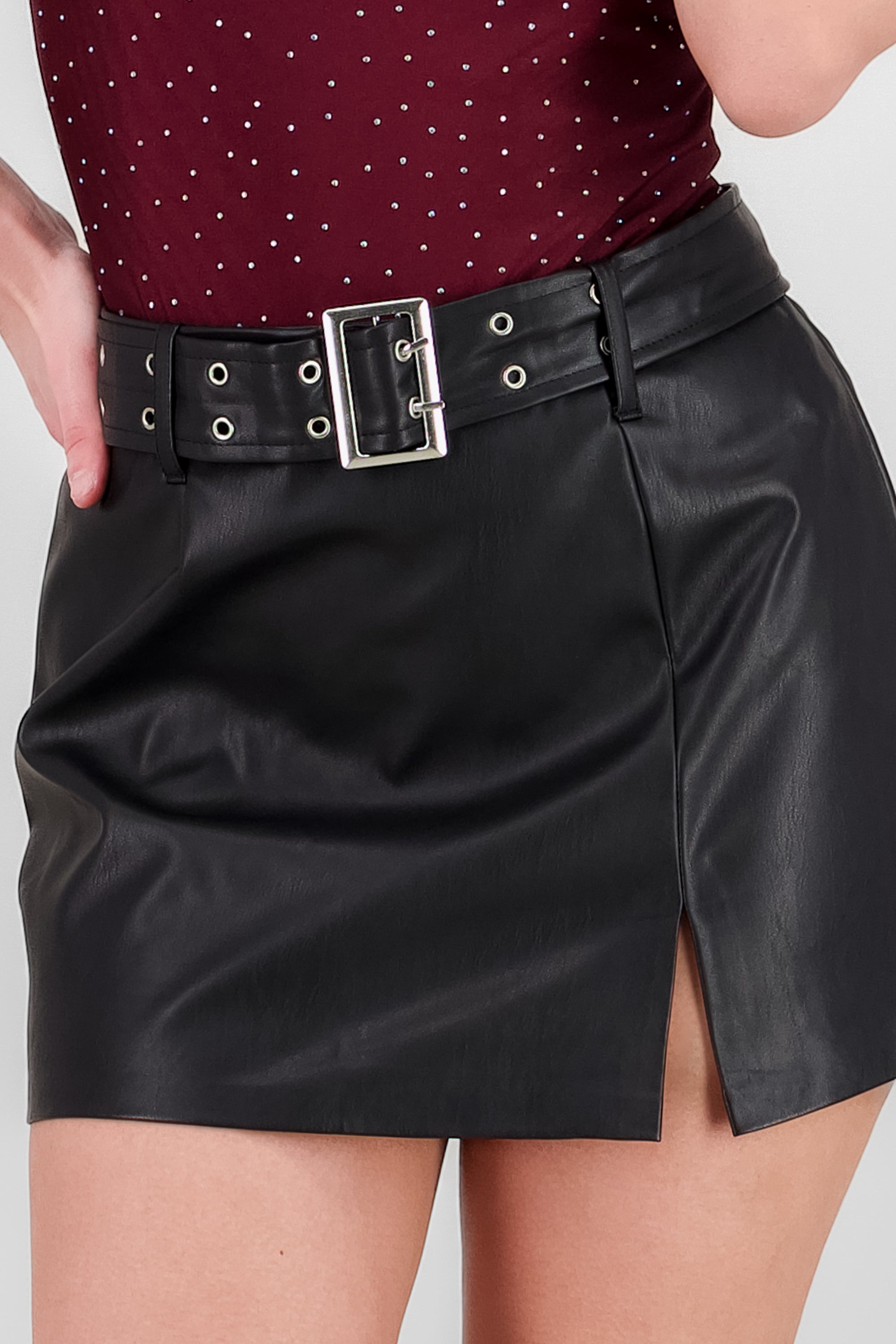 Faux Leather Mini Skirt with Belt BLACK