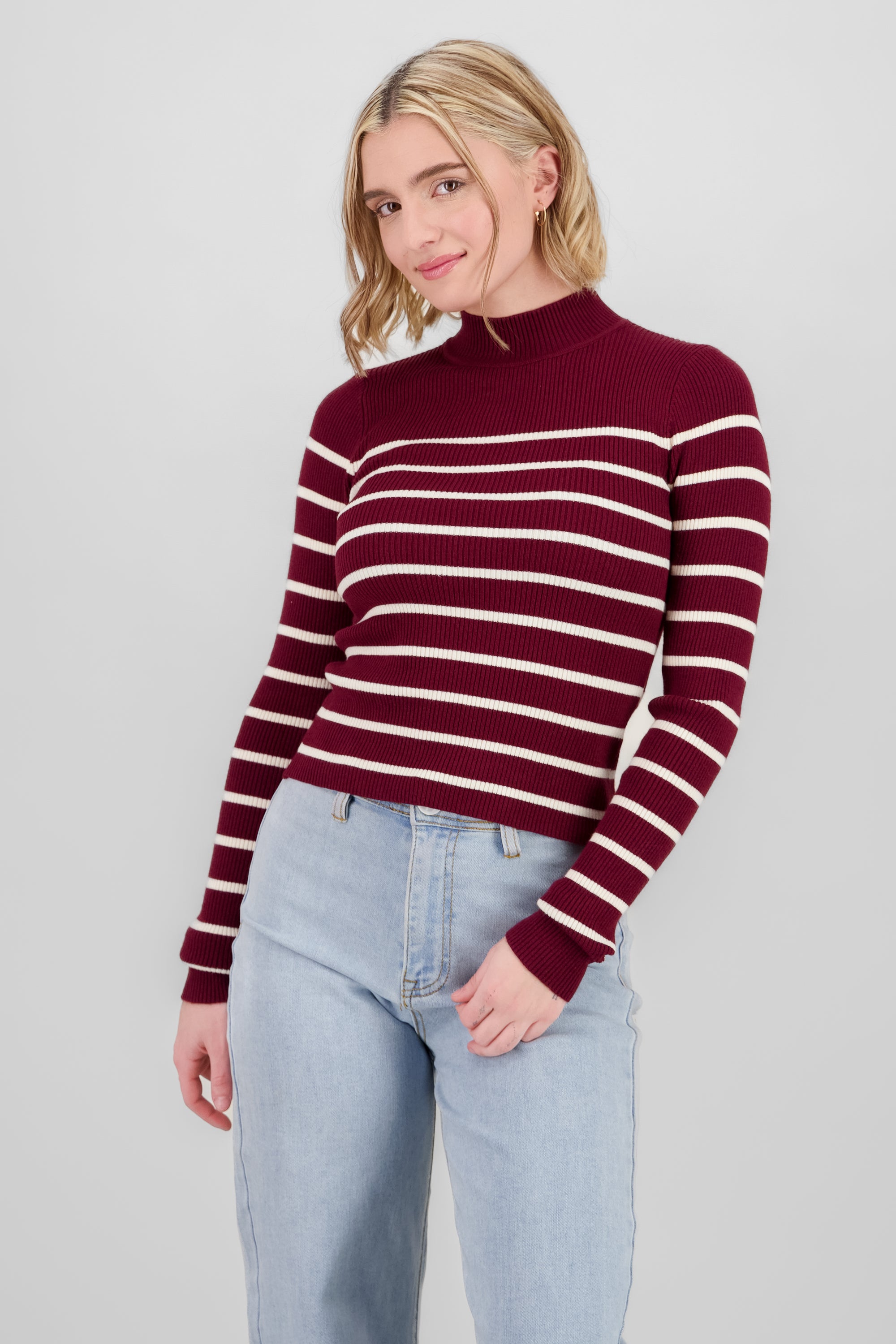 Long Sleeve Striped Sweater BURGUNDY COMBO