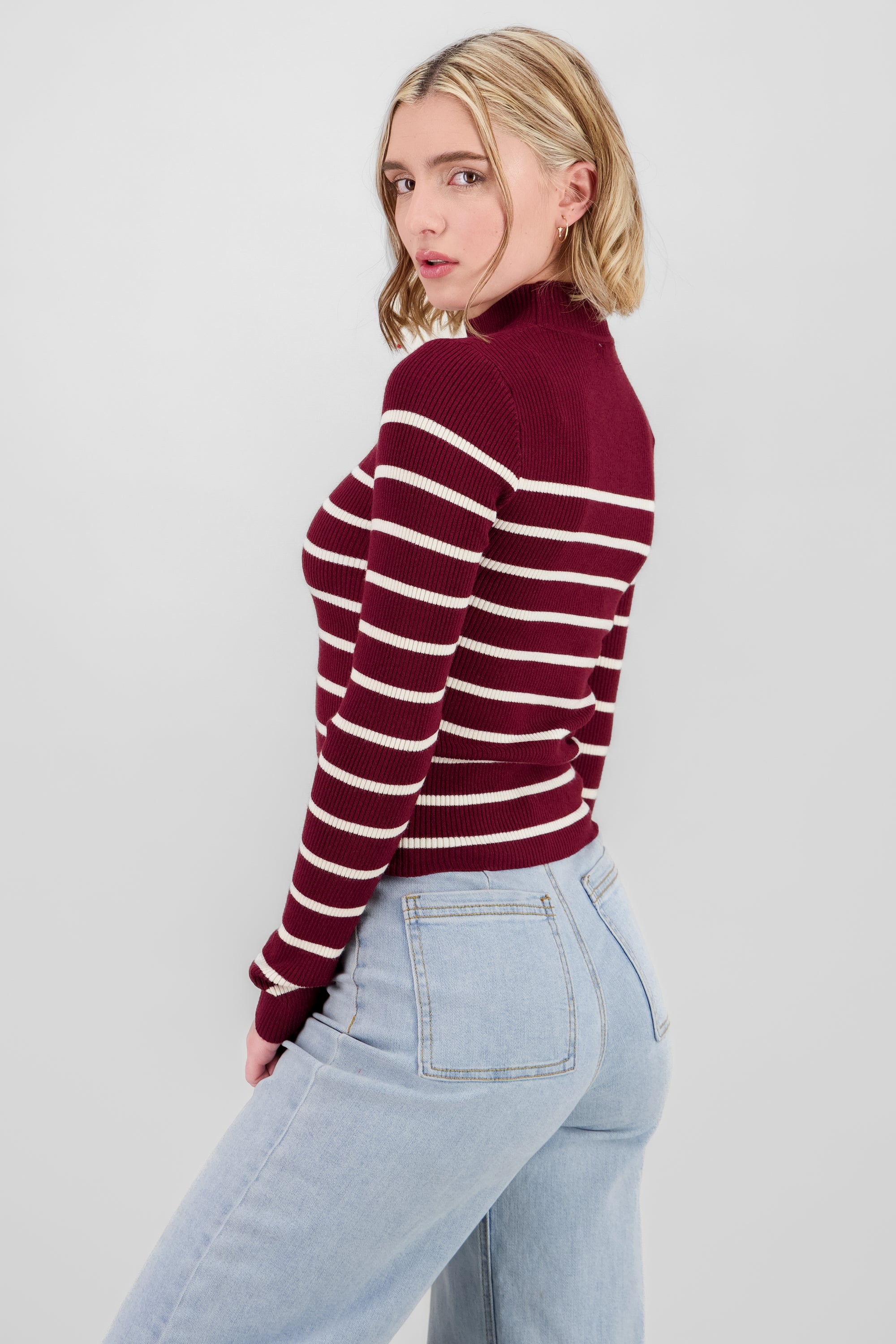 Long Sleeve Striped Sweater BURGUNDY COMBO