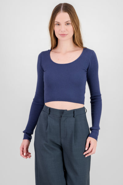 Long Sleeve Round Neck Knitted Top NAVY