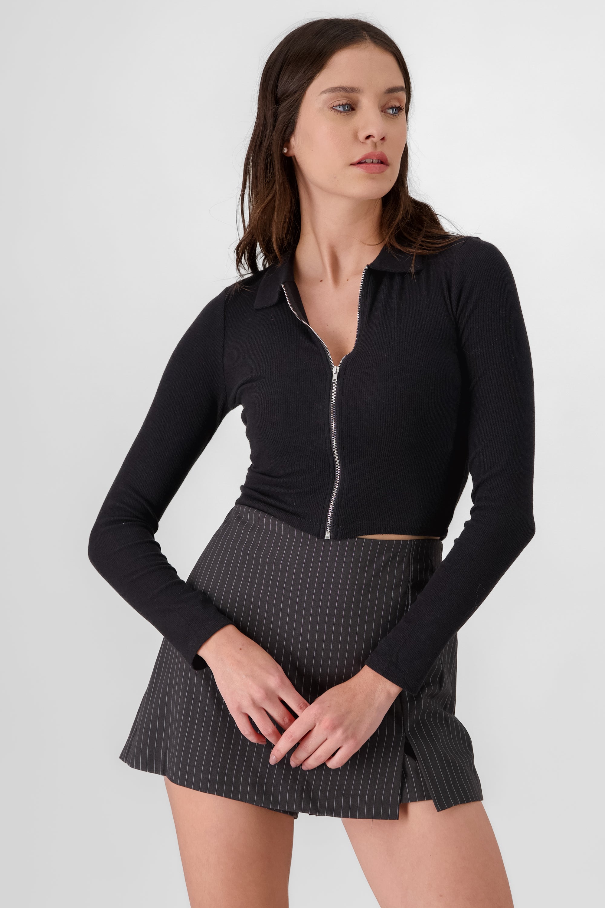 Ribbed Top with Zipper BLACK