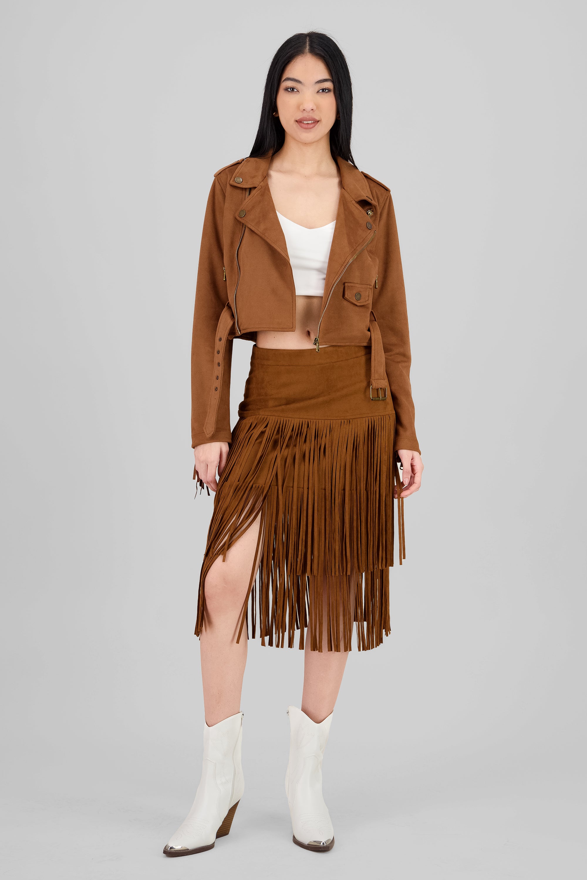 Fringe Detail Midi Skirt CAMEL