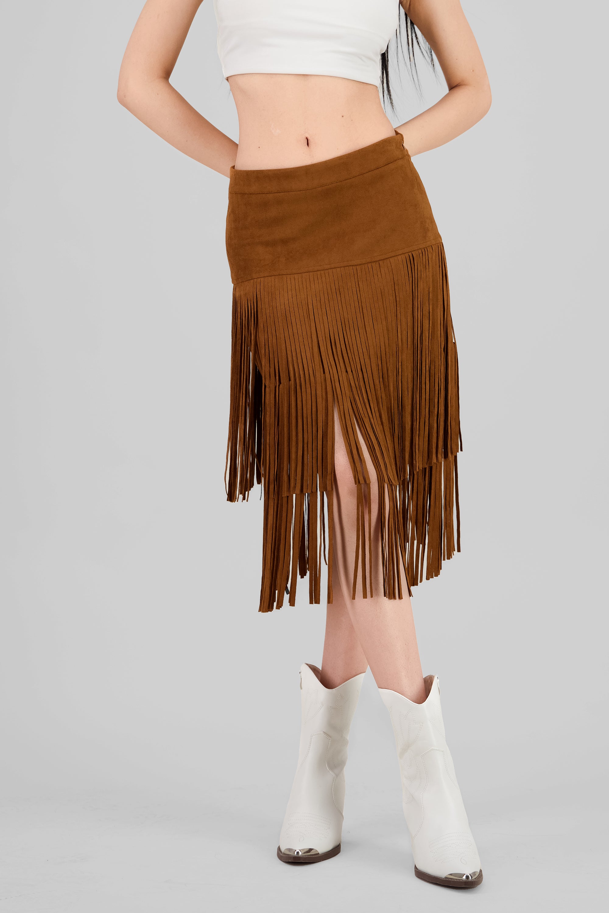 Fringe Detail Midi Skirt CAMEL