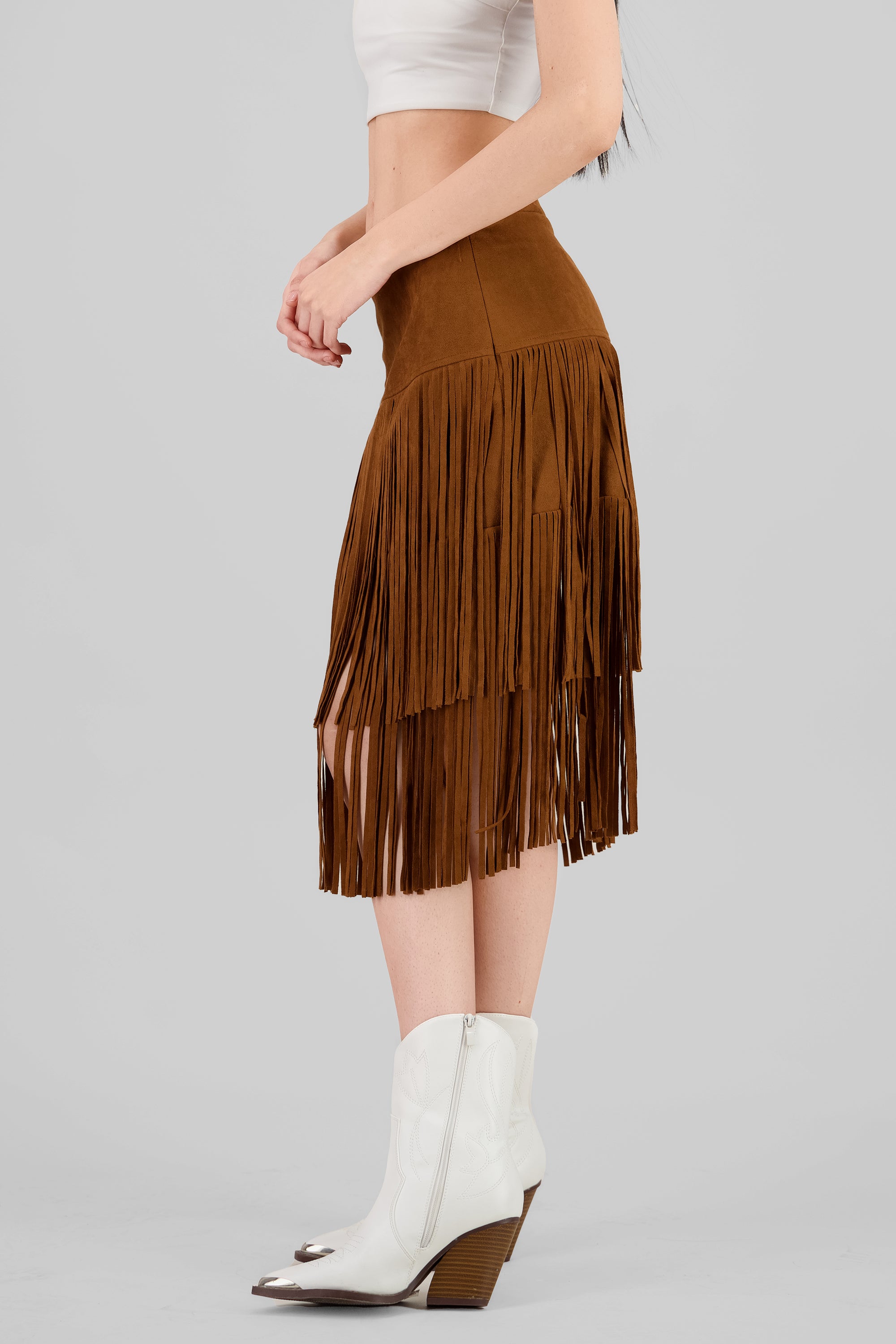 Fringe Detail Midi Skirt CAMEL