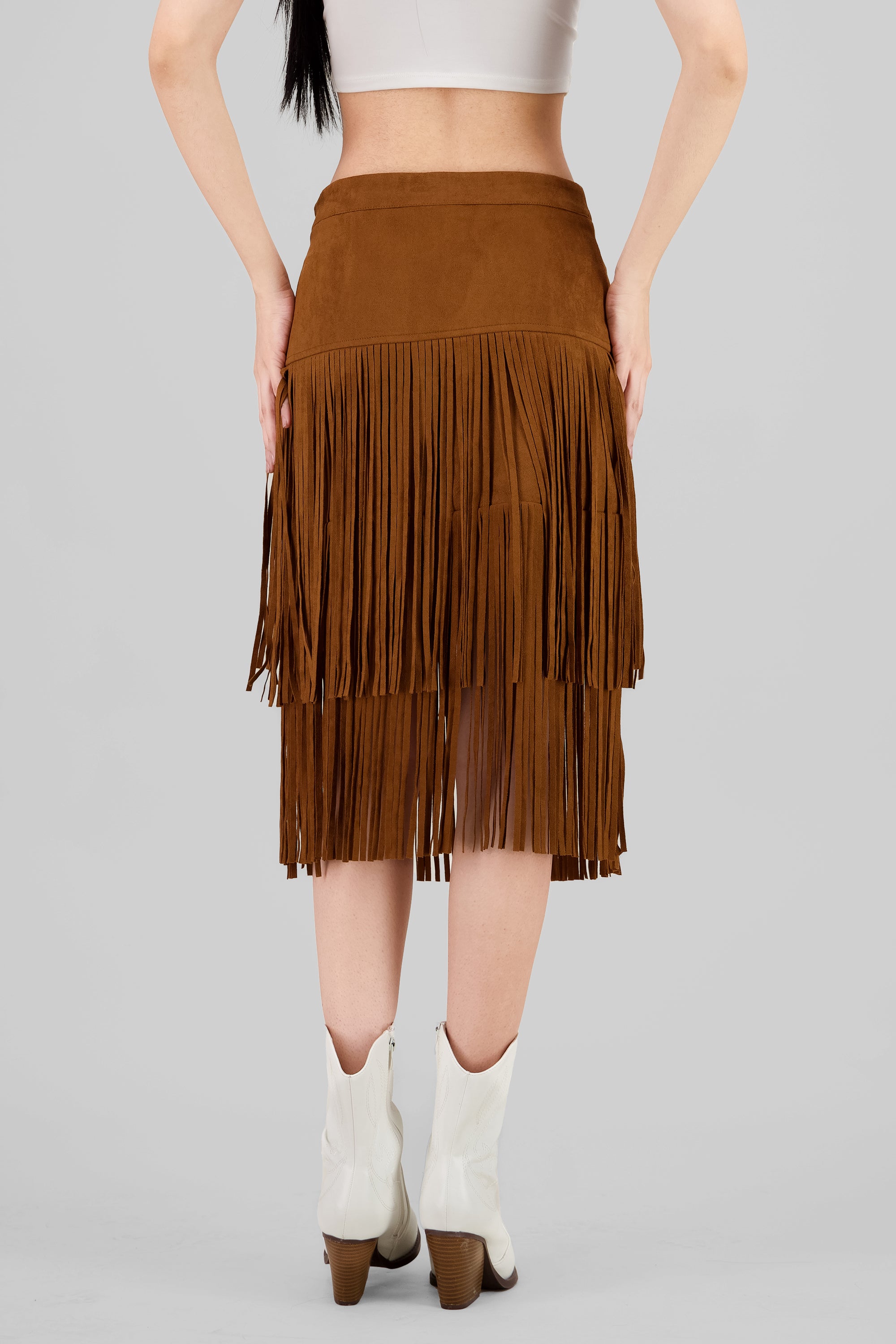 Fringe Detail Midi Skirt CAMEL