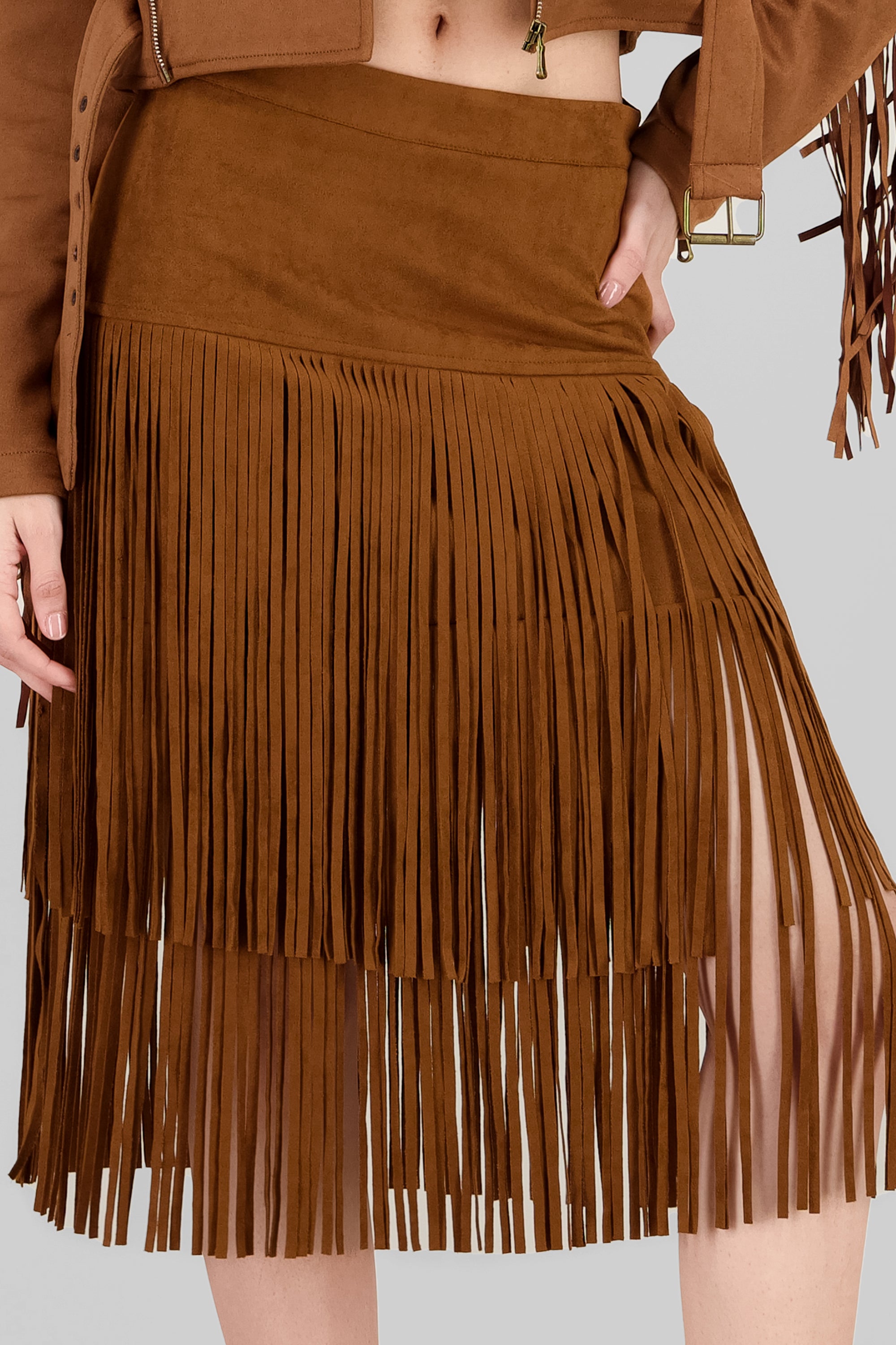 Fringe Detail Midi Skirt CAMEL