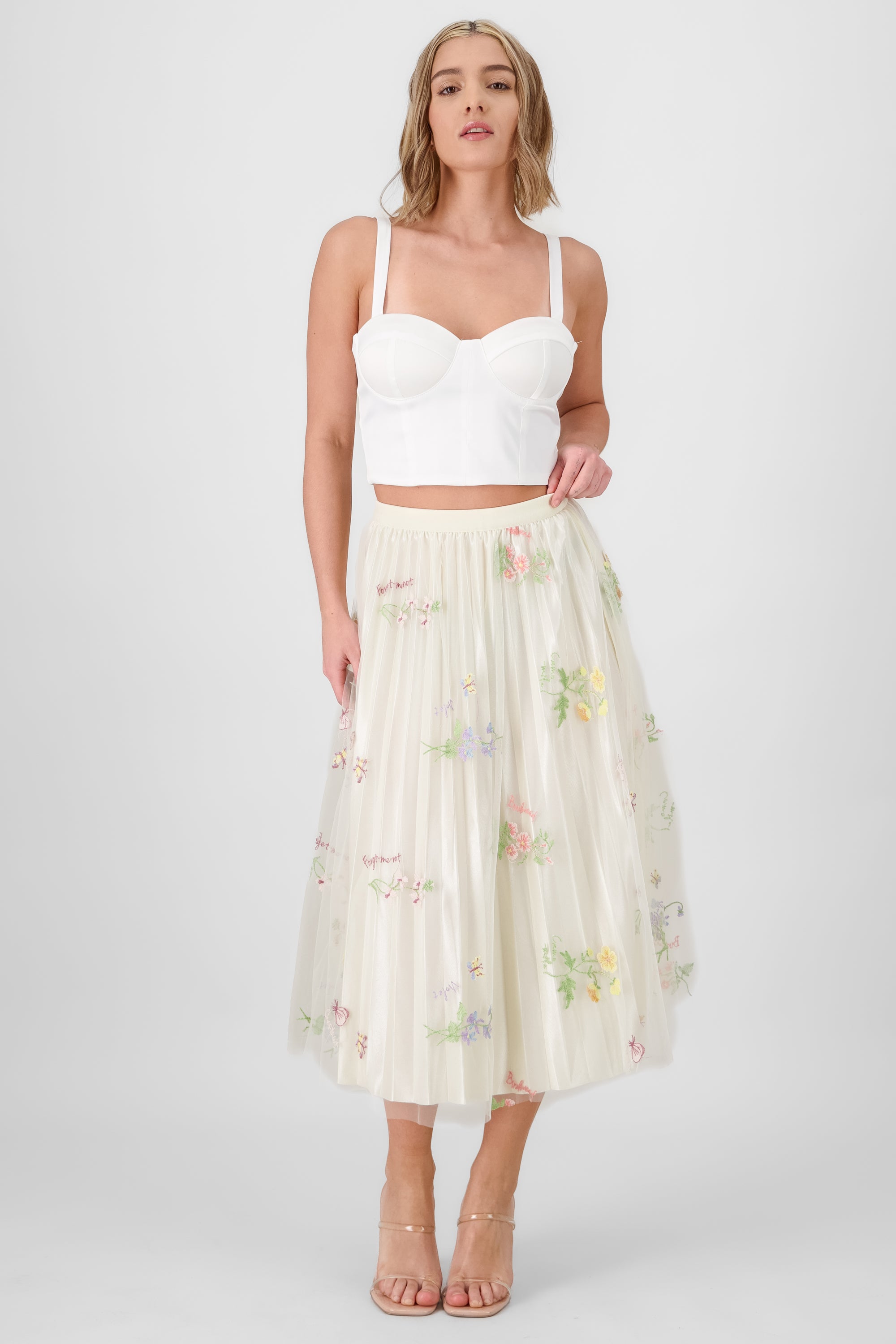 Floral Pleated Midi Skirt CREAM