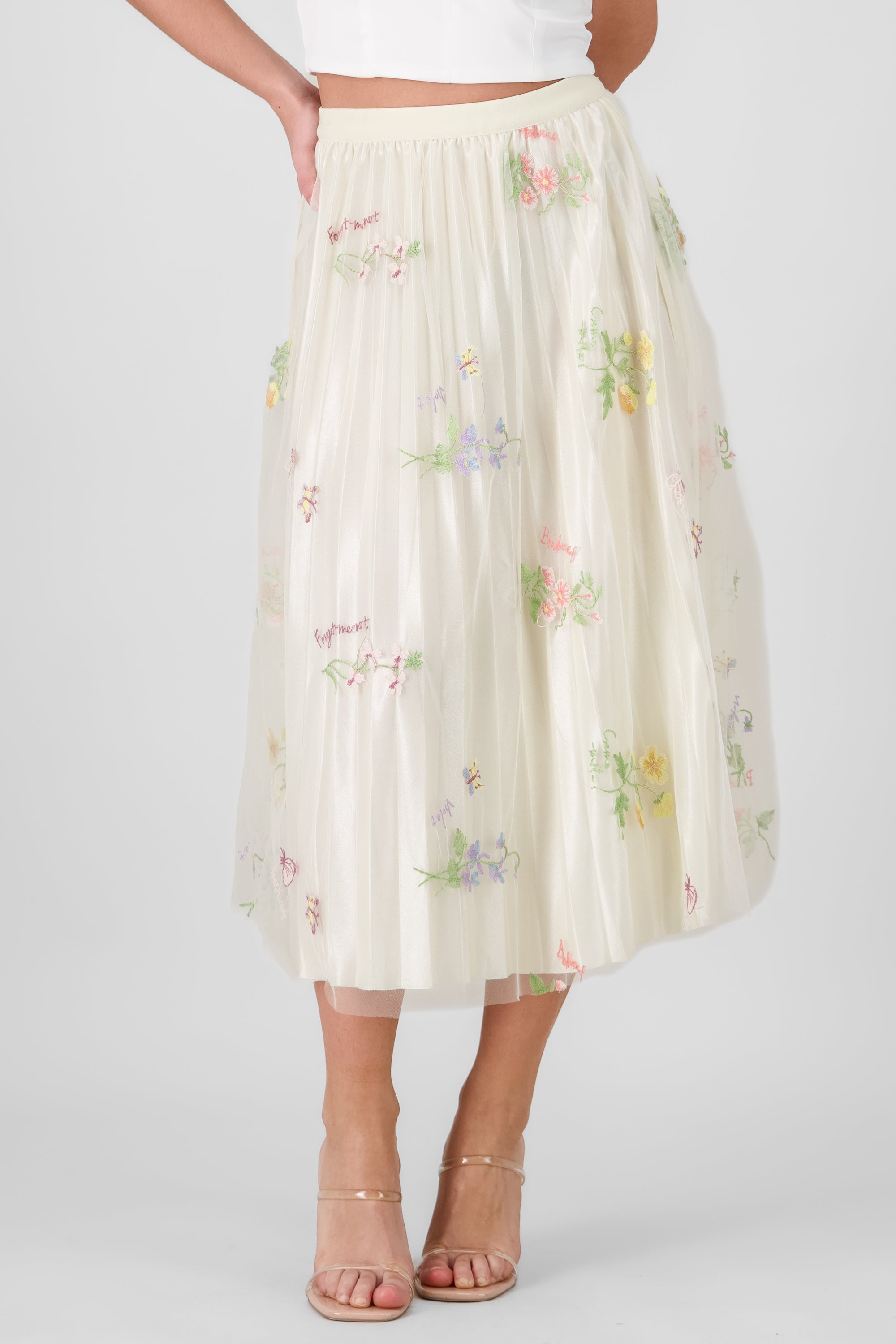 Floral Pleated Midi Skirt CREAM