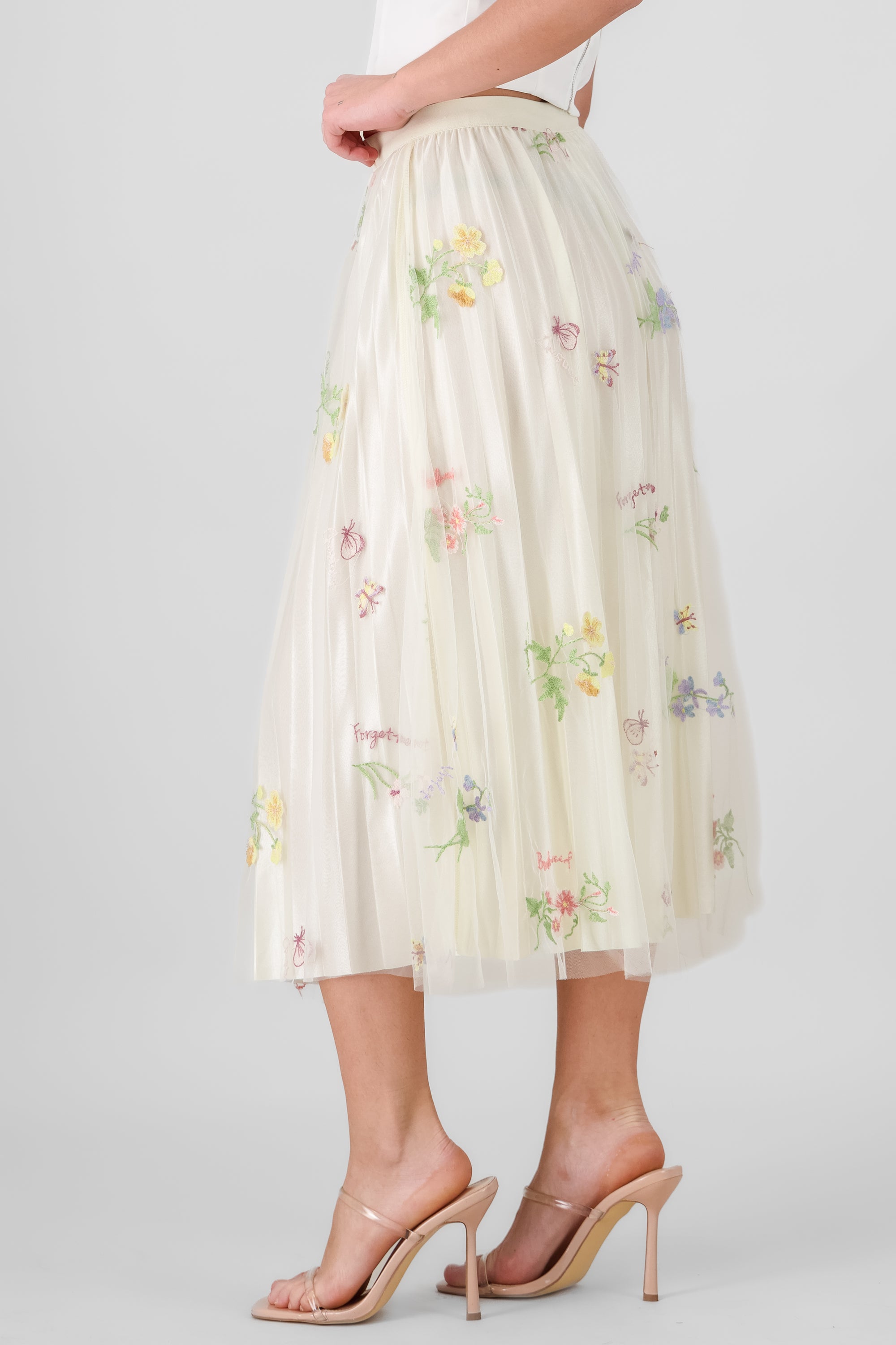 Floral Pleated Midi Skirt CREAM