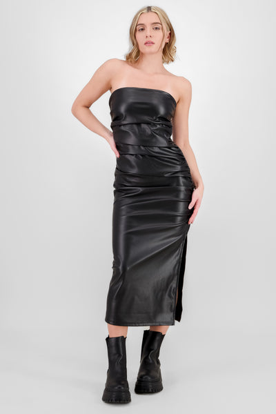 Faux leather Draped Midi Dress BLACK