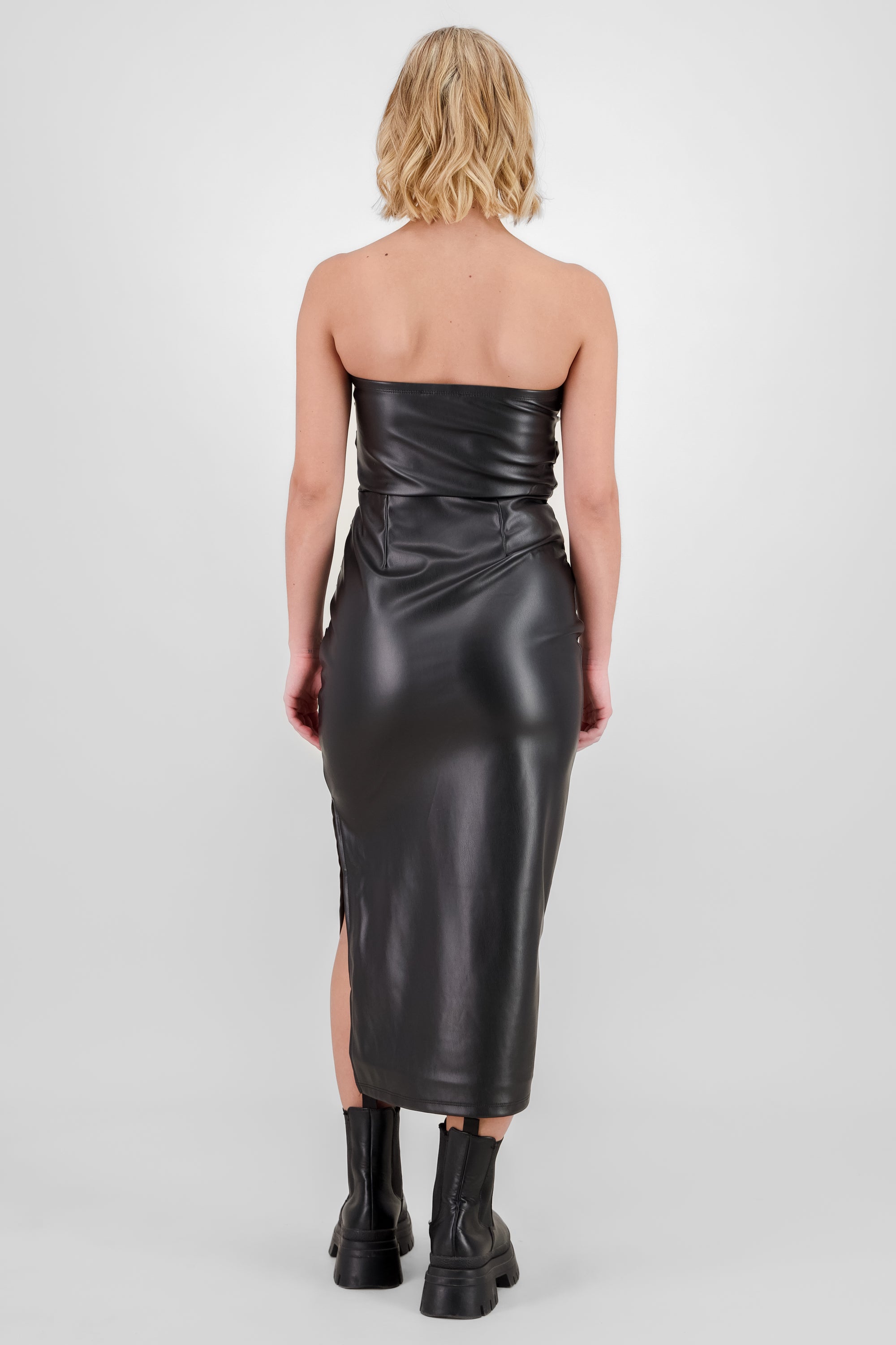 Faux leather Draped Midi Dress BLACK