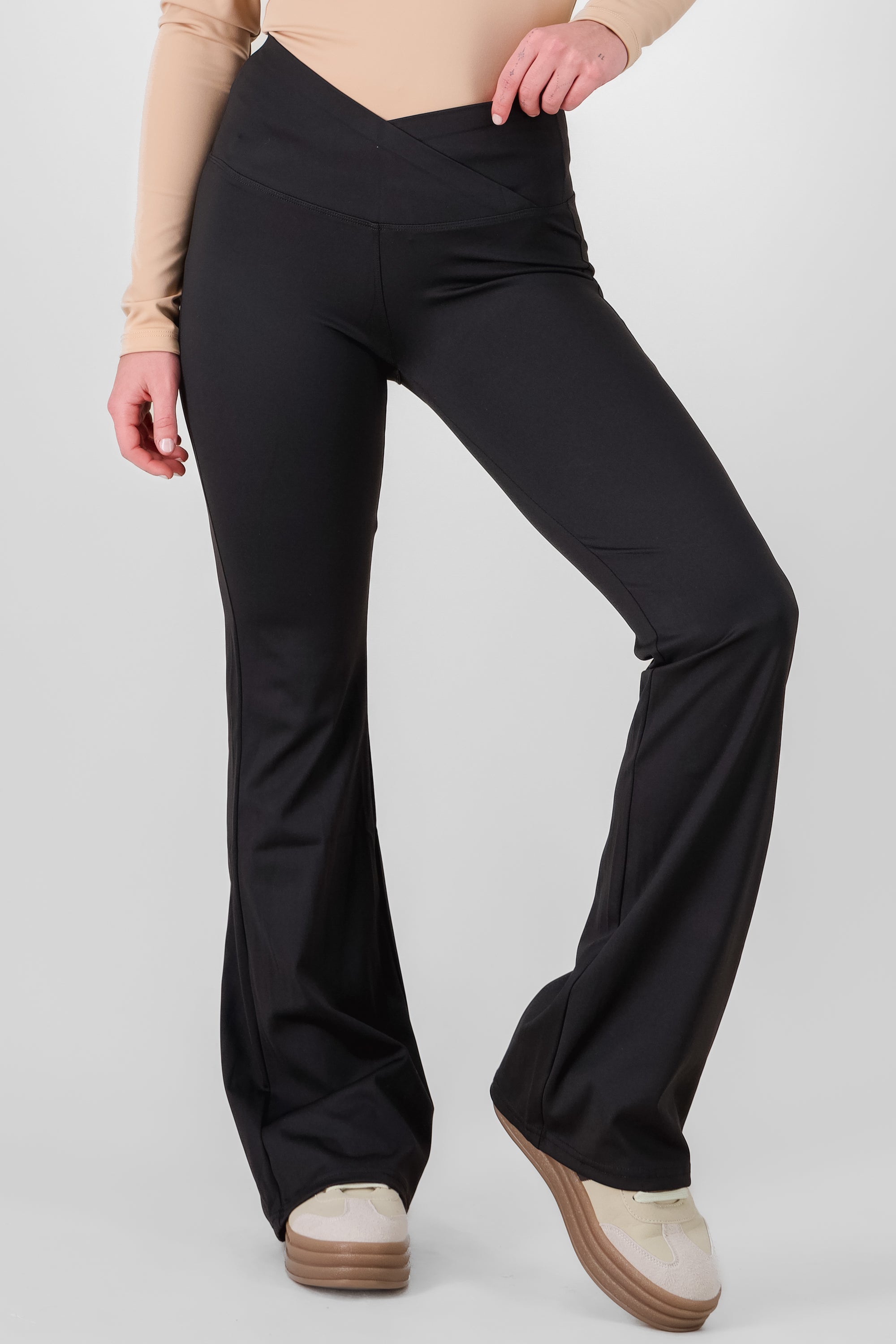 Solid Leggings with Crossover Waistband BLACK