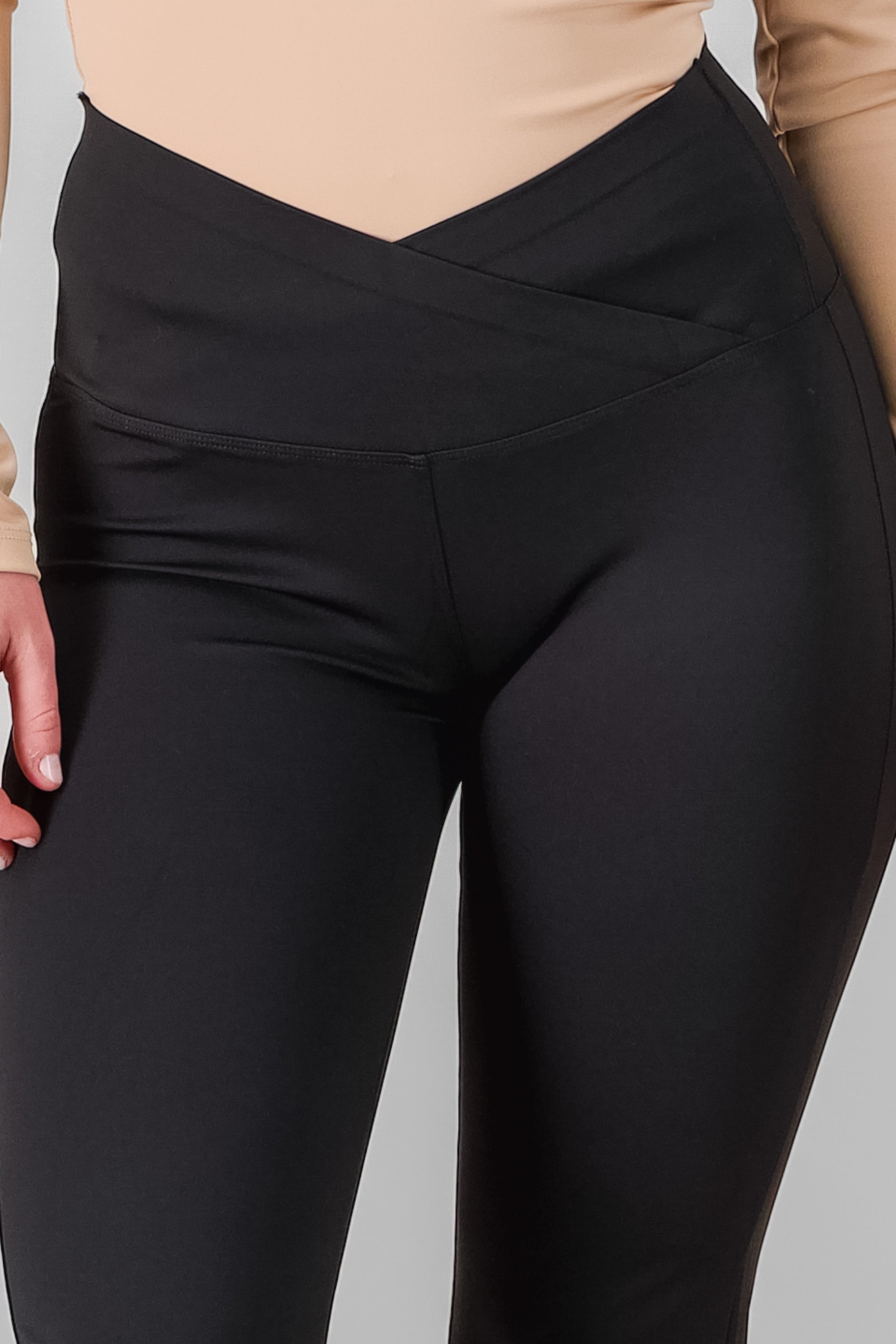 Solid Leggings with Crossover Waistband BLACK