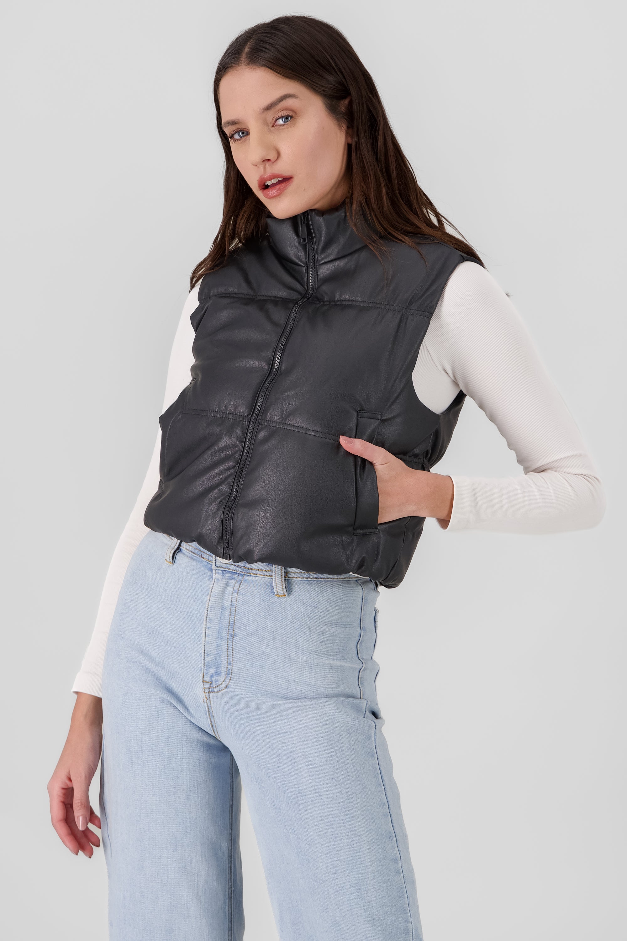 Faux Fur Lined Faux Leather Vest BLACK