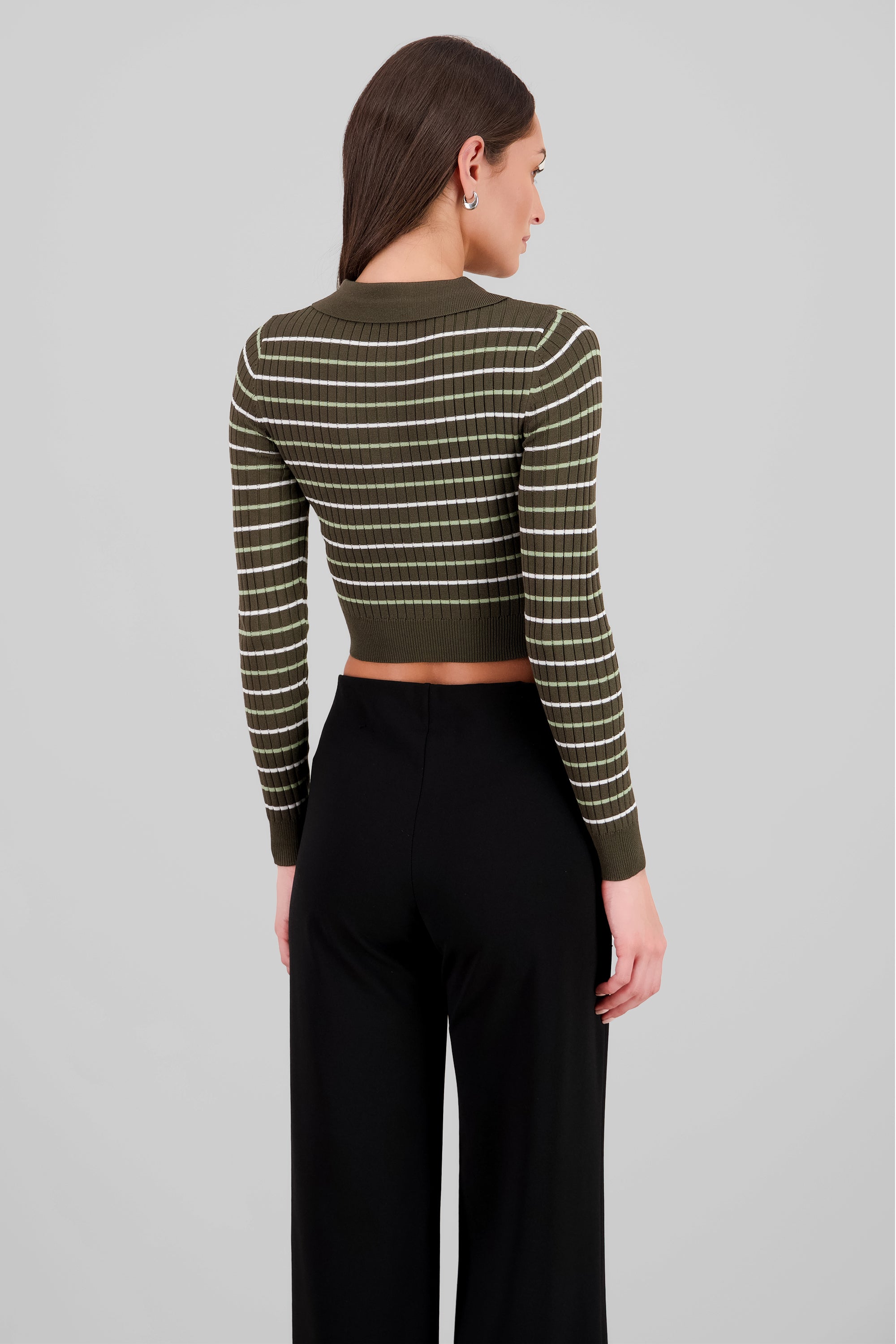 Striped Knit Polo Long Sleeve Top OLIVE COMBO