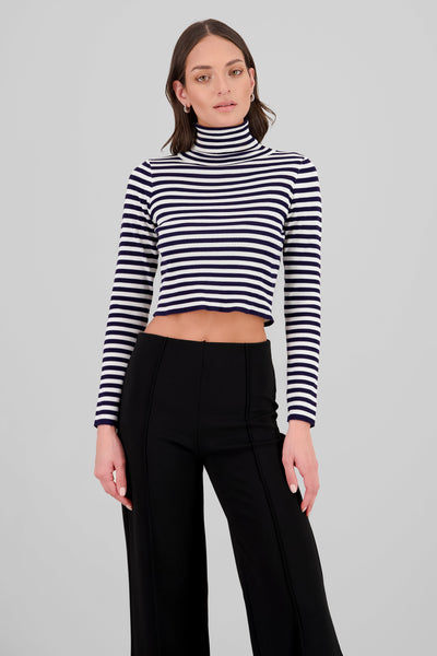 High Neck Striped Knit Top NAVY COMBO