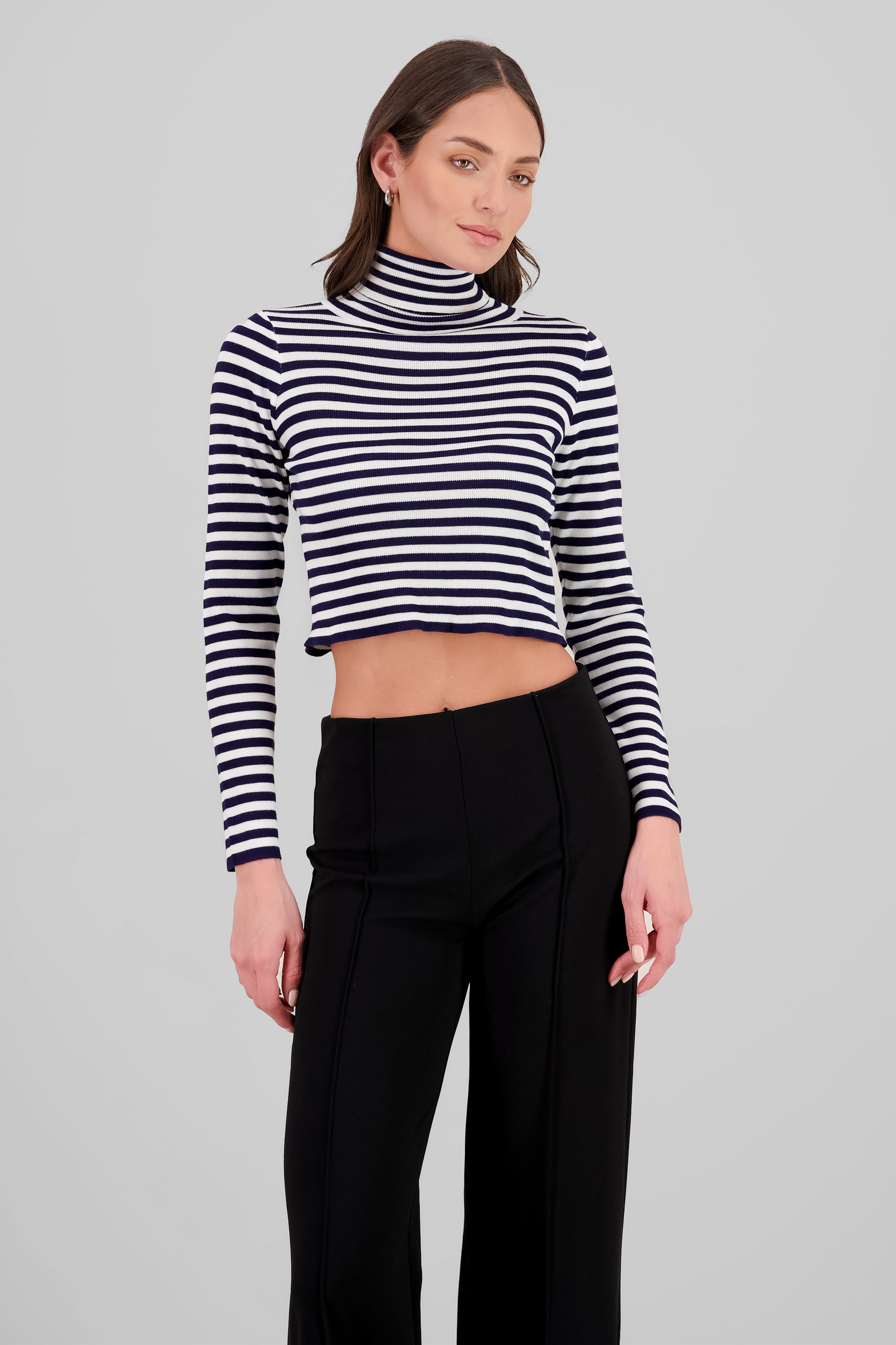 High Neck Striped Knit Top NAVY COMBO