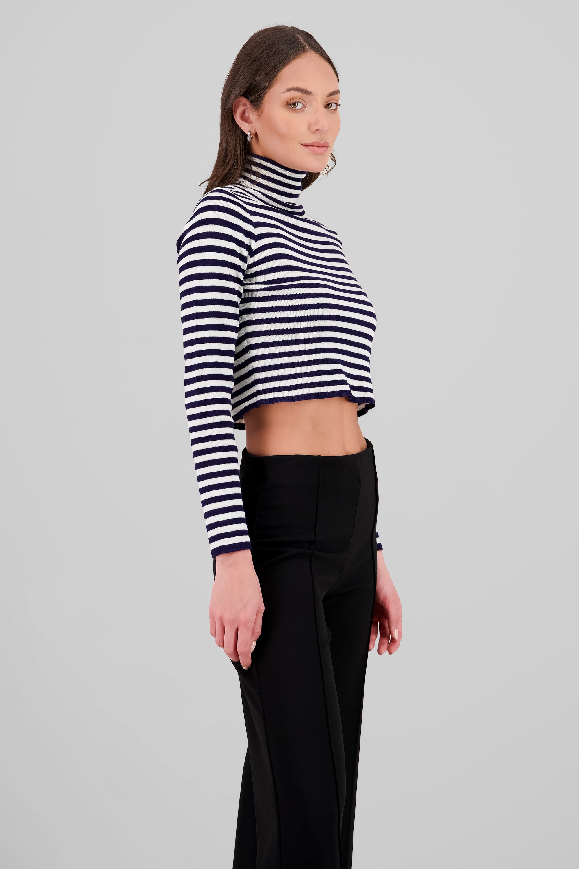 High Neck Striped Knit Top NAVY COMBO