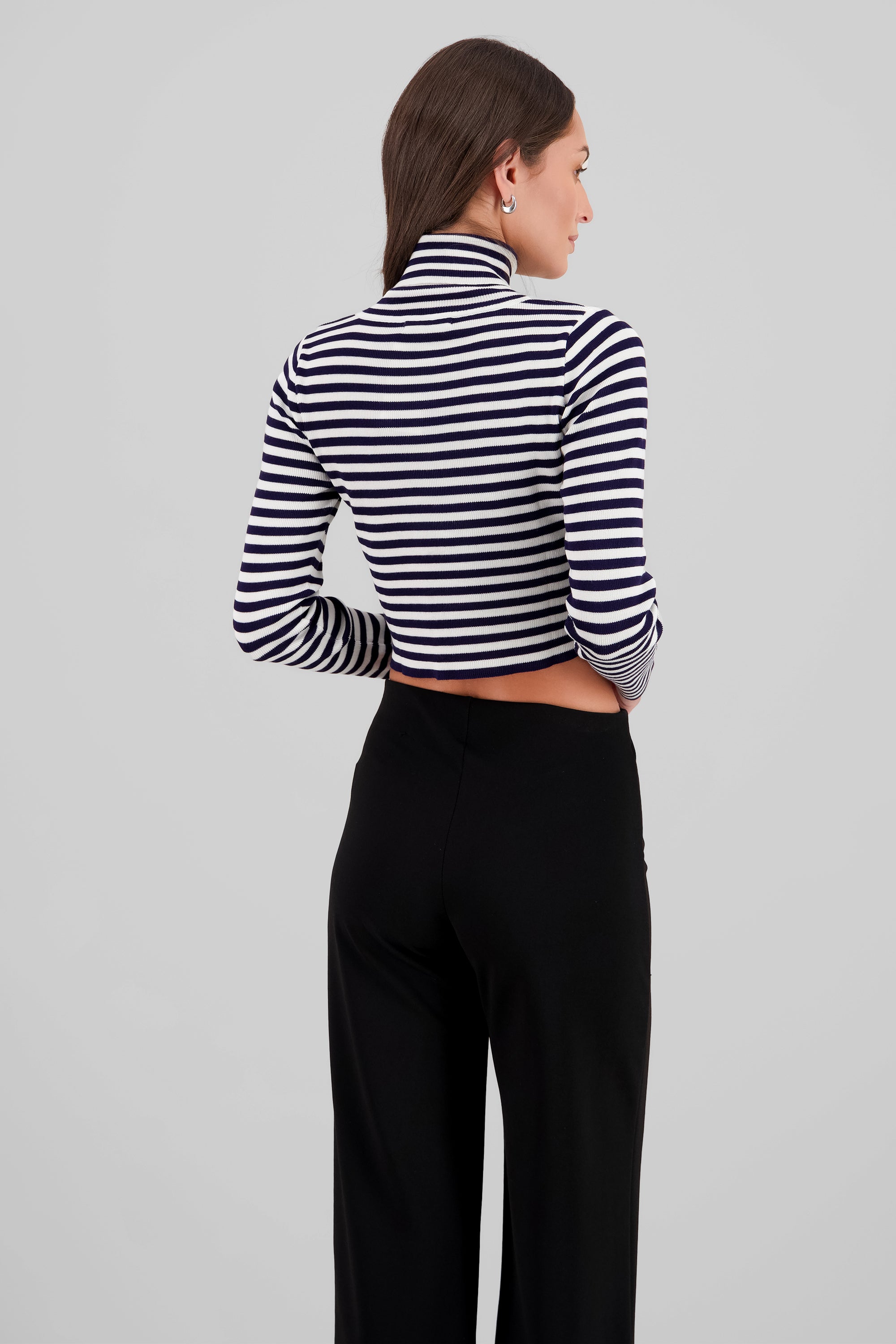 High Neck Striped Knit Top NAVY COMBO