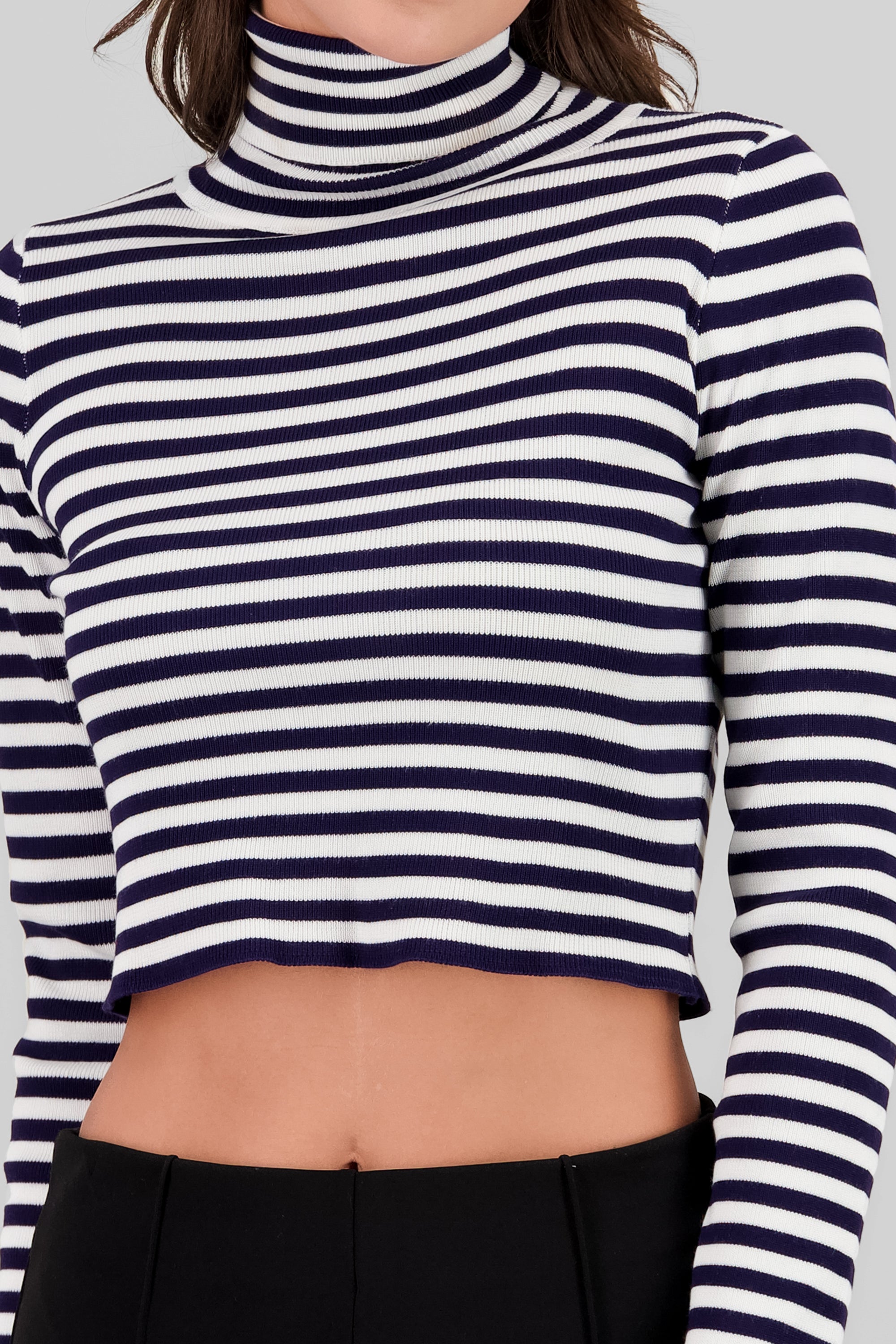 High Neck Striped Knit Top NAVY COMBO