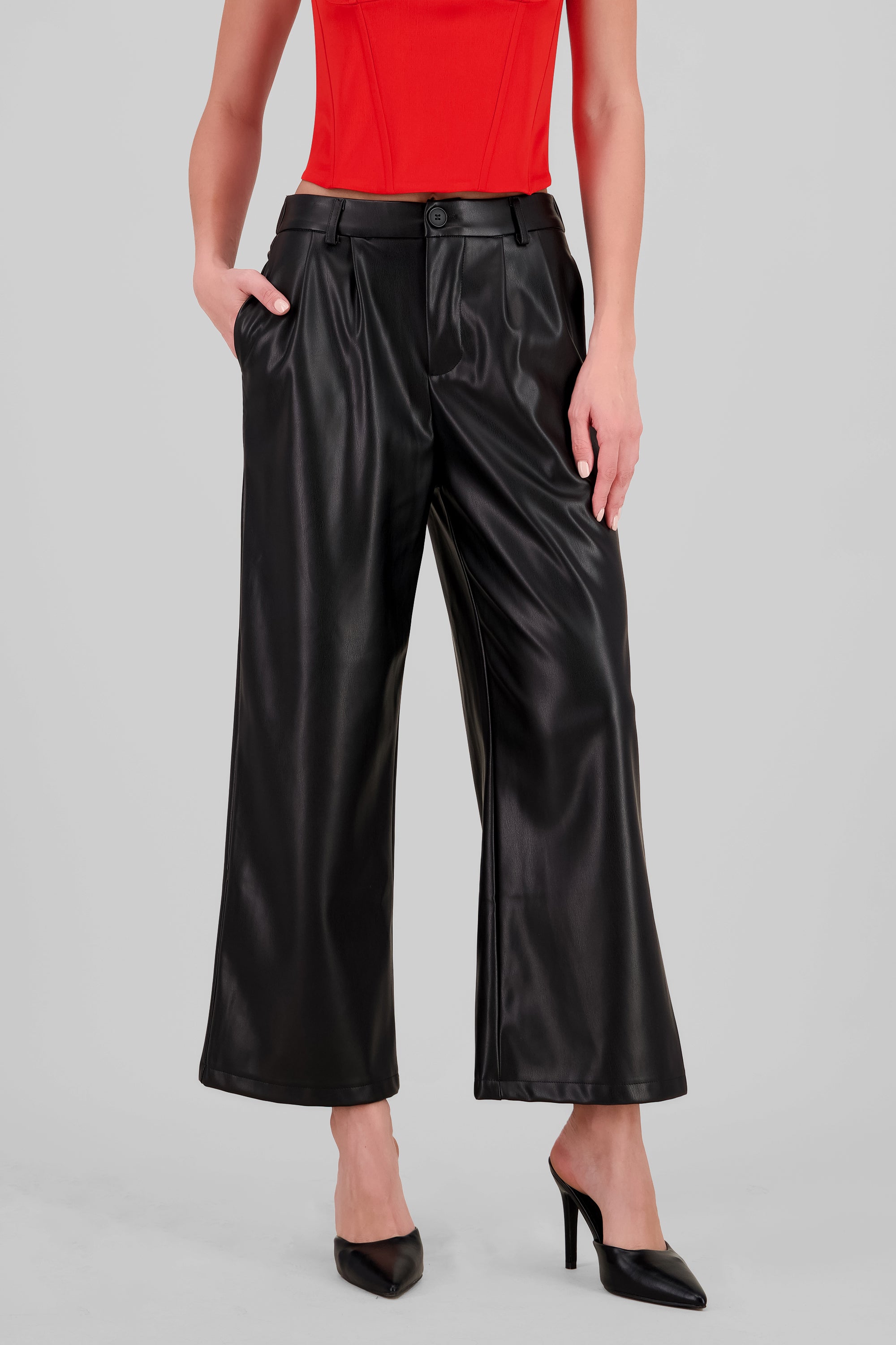 Wide Leg Faux Leather Pants BLACK