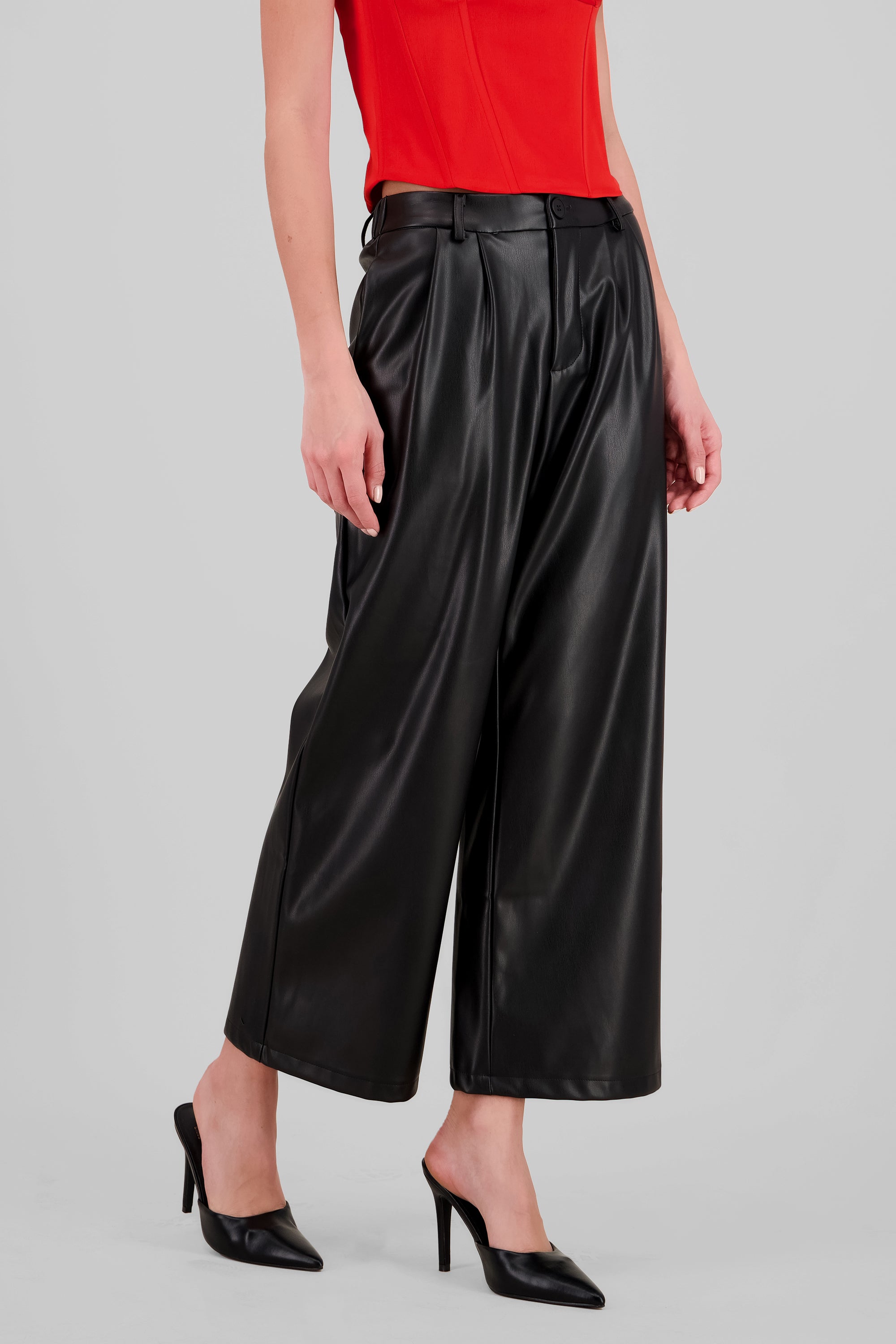 Wide Leg Faux Leather Pants BLACK