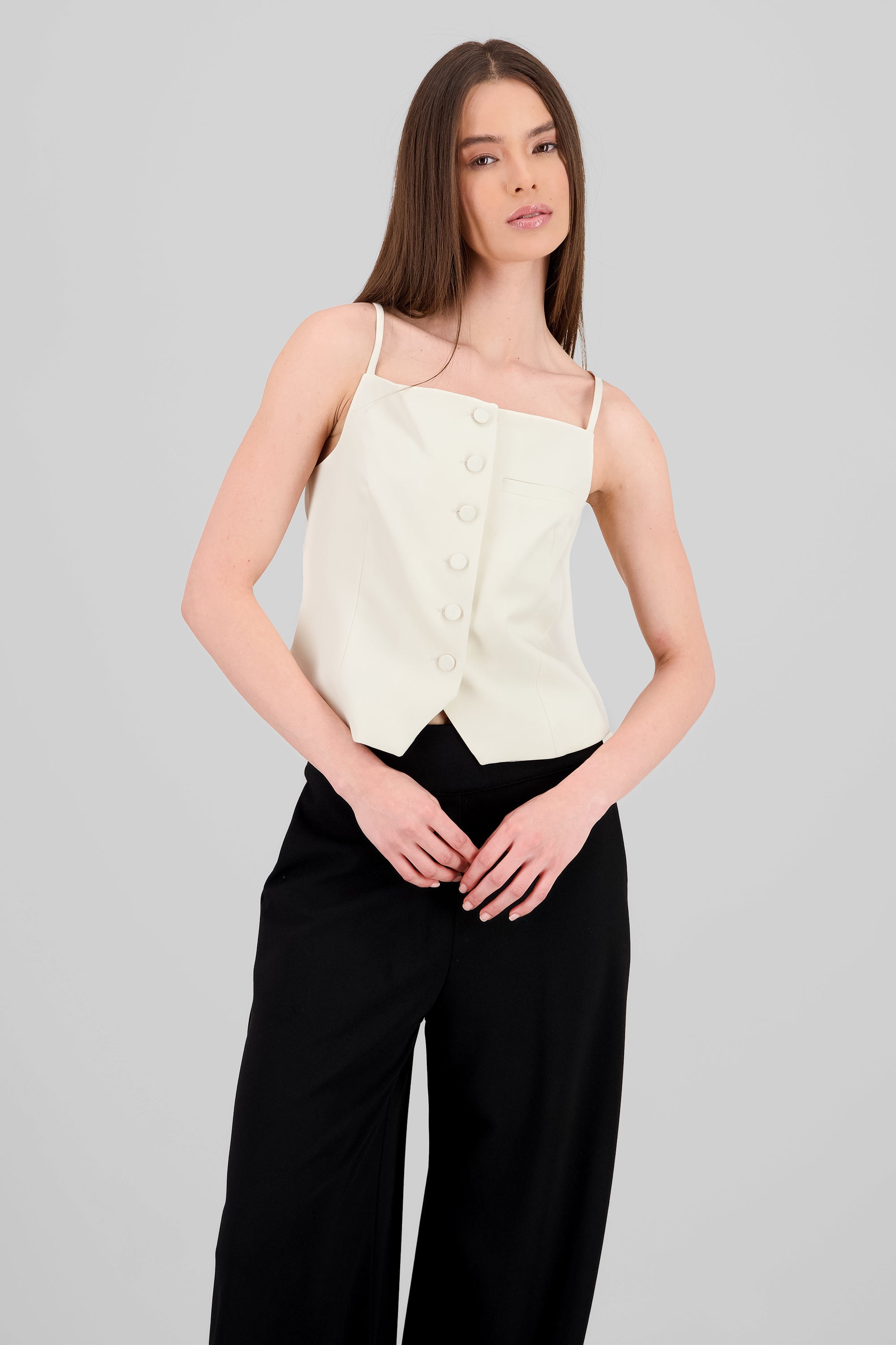 Square Neck Button-Up Vest BEIGE