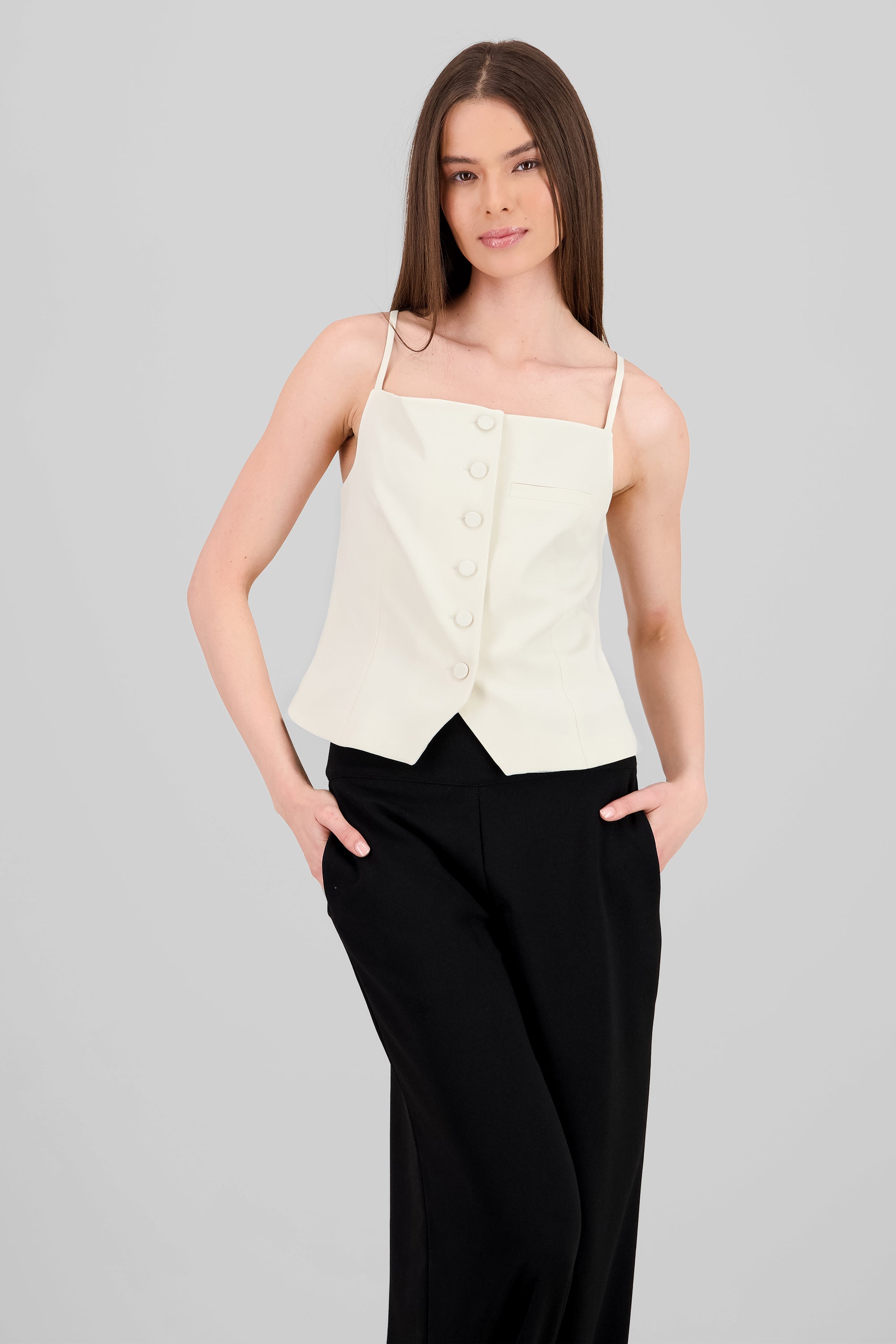 Square Neck Button-Up Vest BEIGE