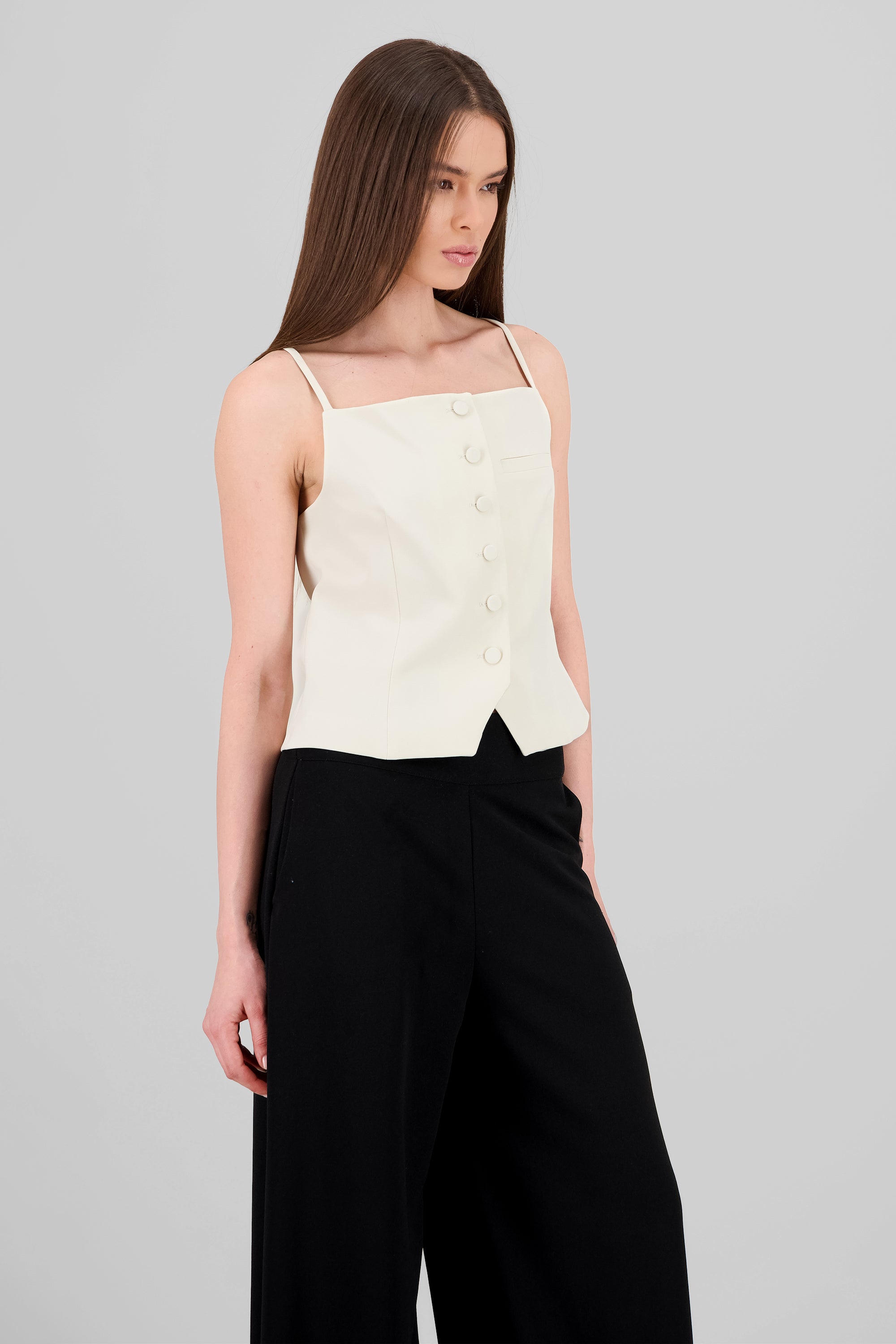 Square Neck Button-Up Vest BEIGE