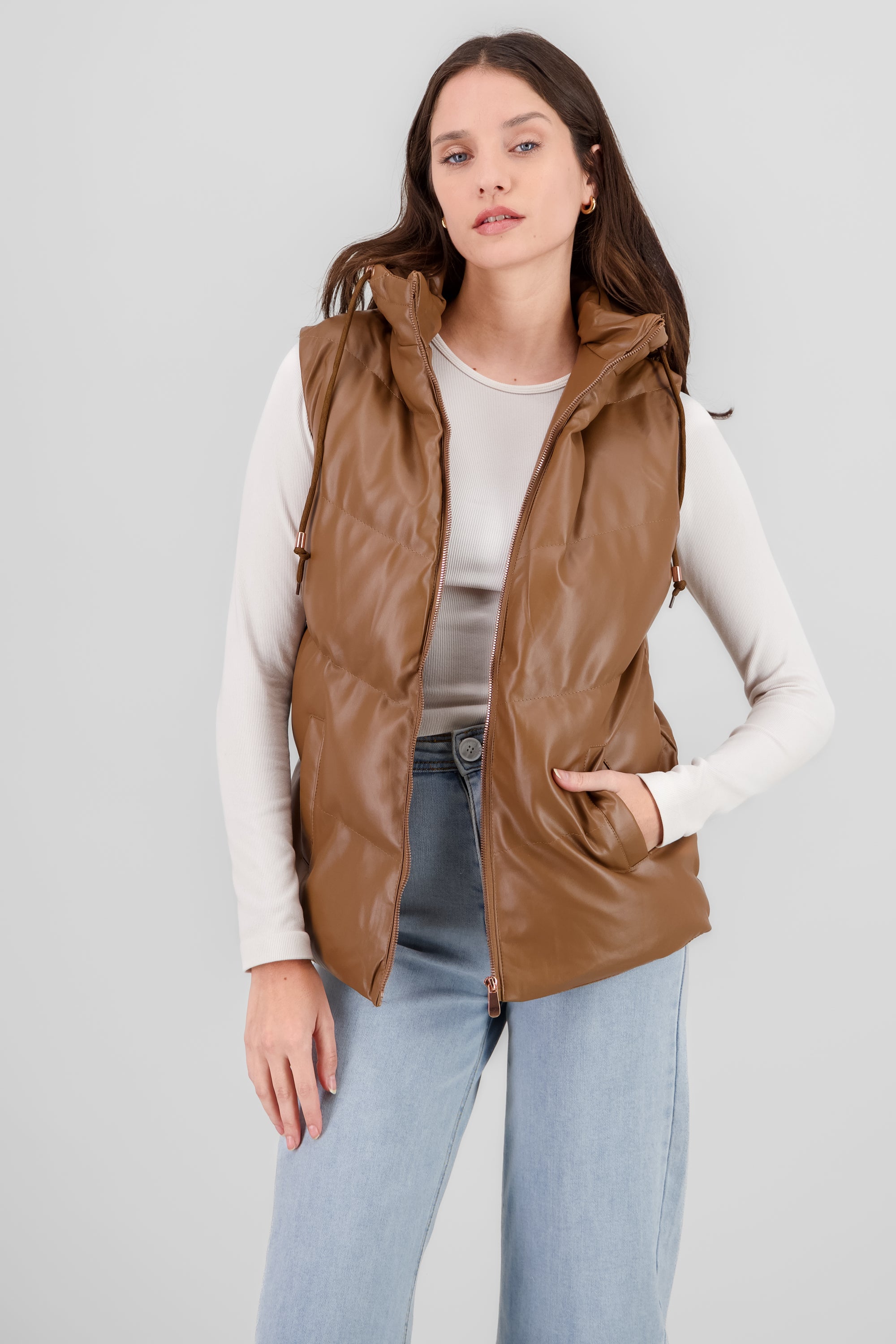 Long Faux Leather Quilted Vest CAMEL