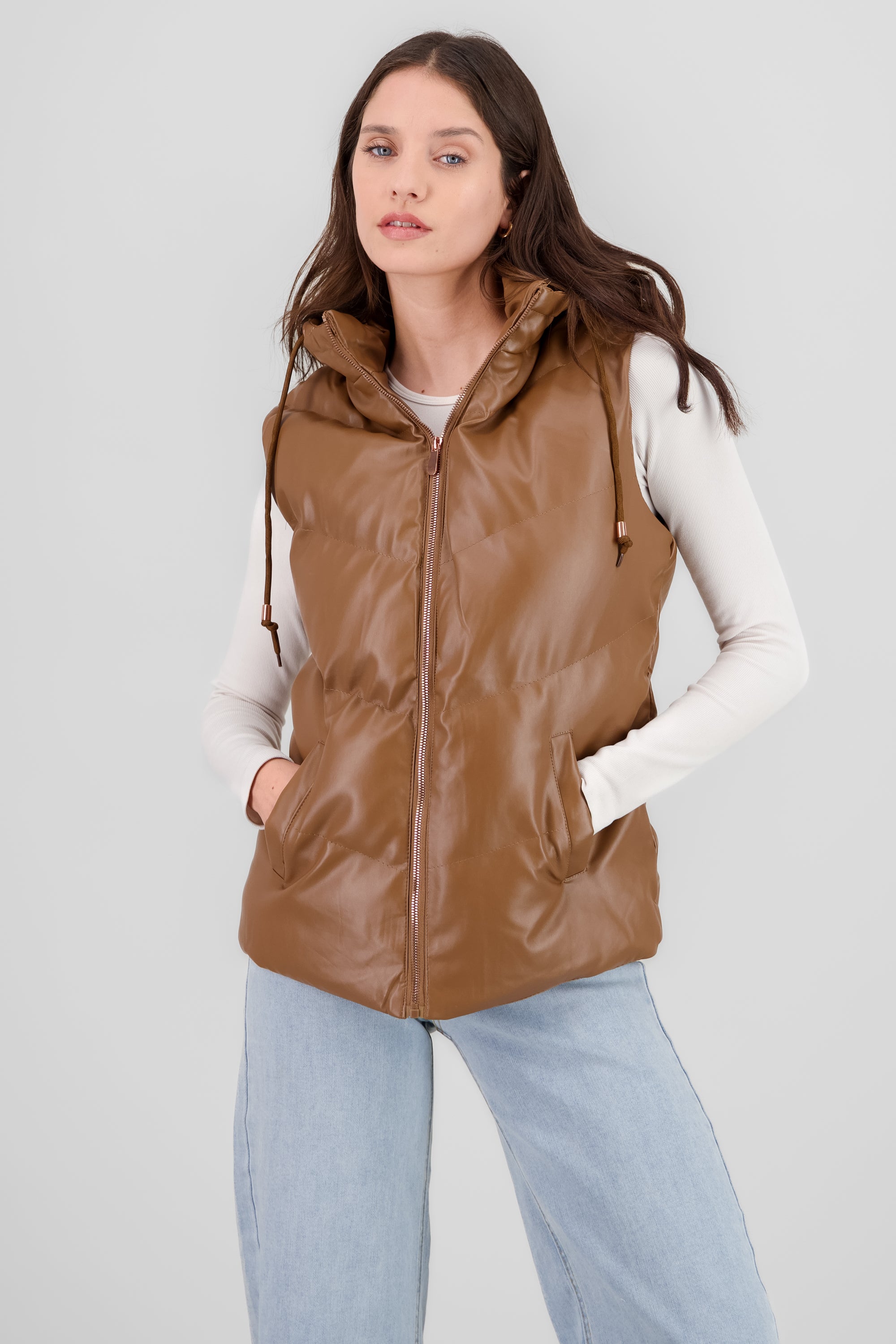 Long Faux Leather Quilted Vest CAMEL