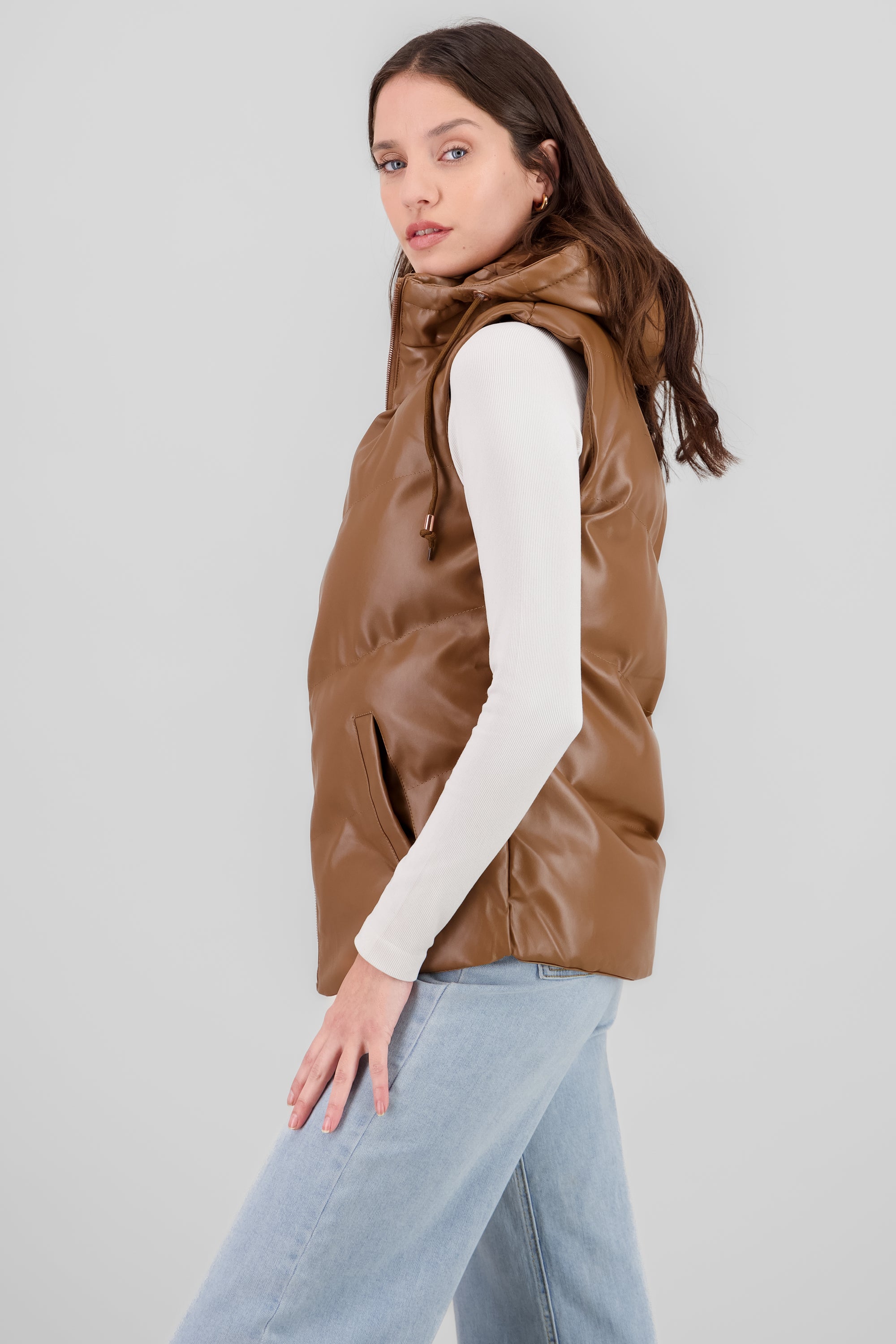 Long Faux Leather Quilted Vest CAMEL