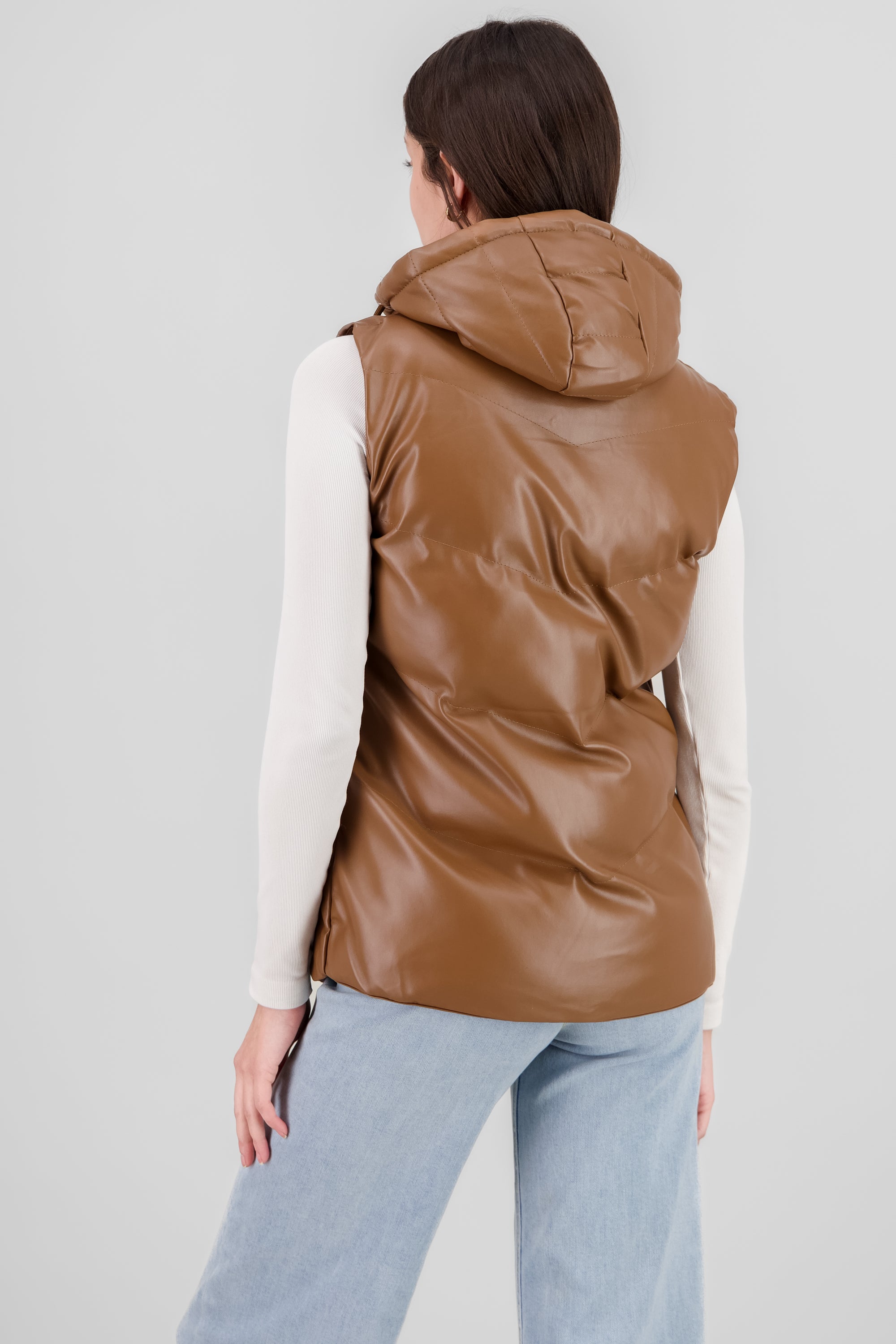 Long Faux Leather Quilted Vest CAMEL