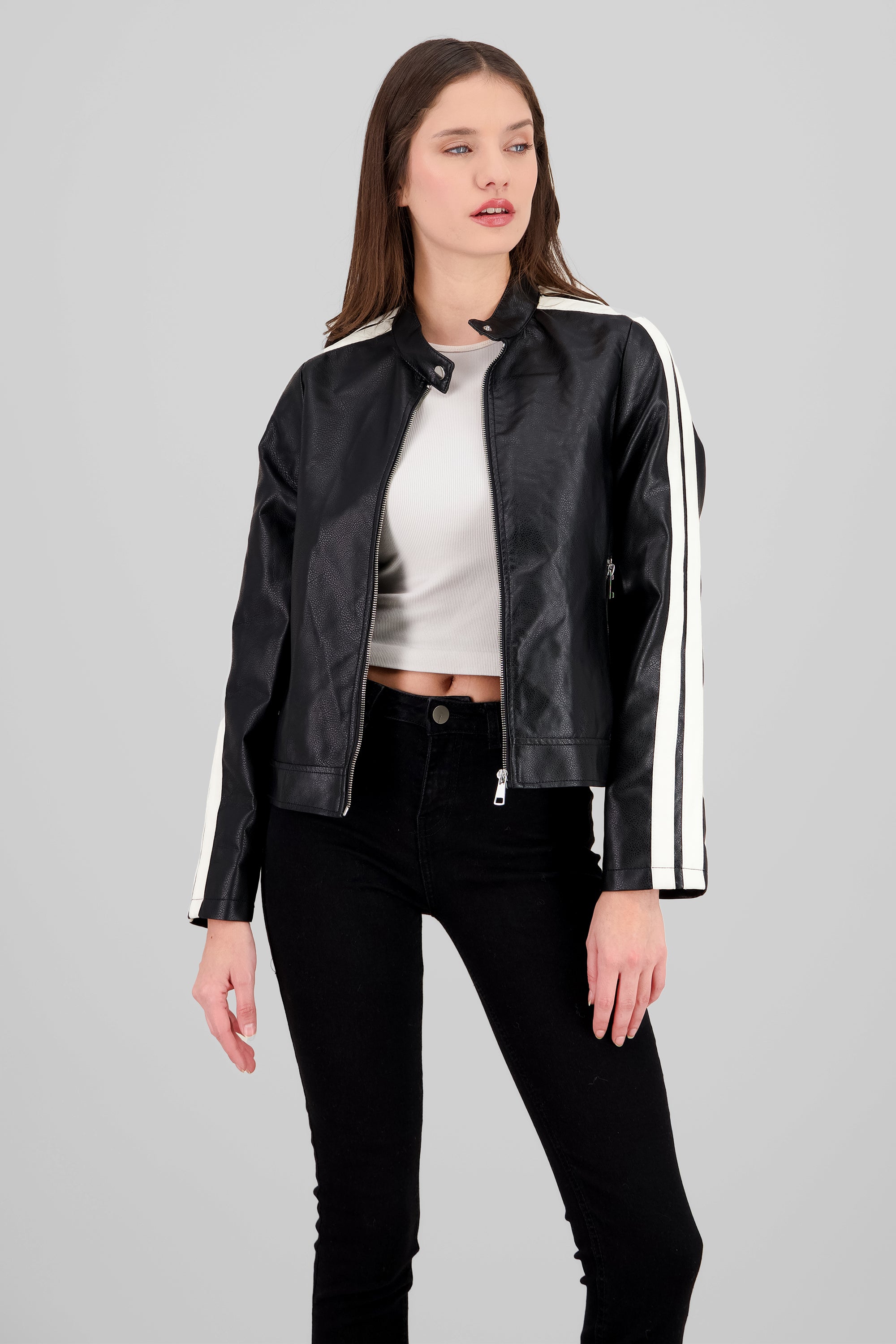 Contrast Trim Biker Jacket BLACK