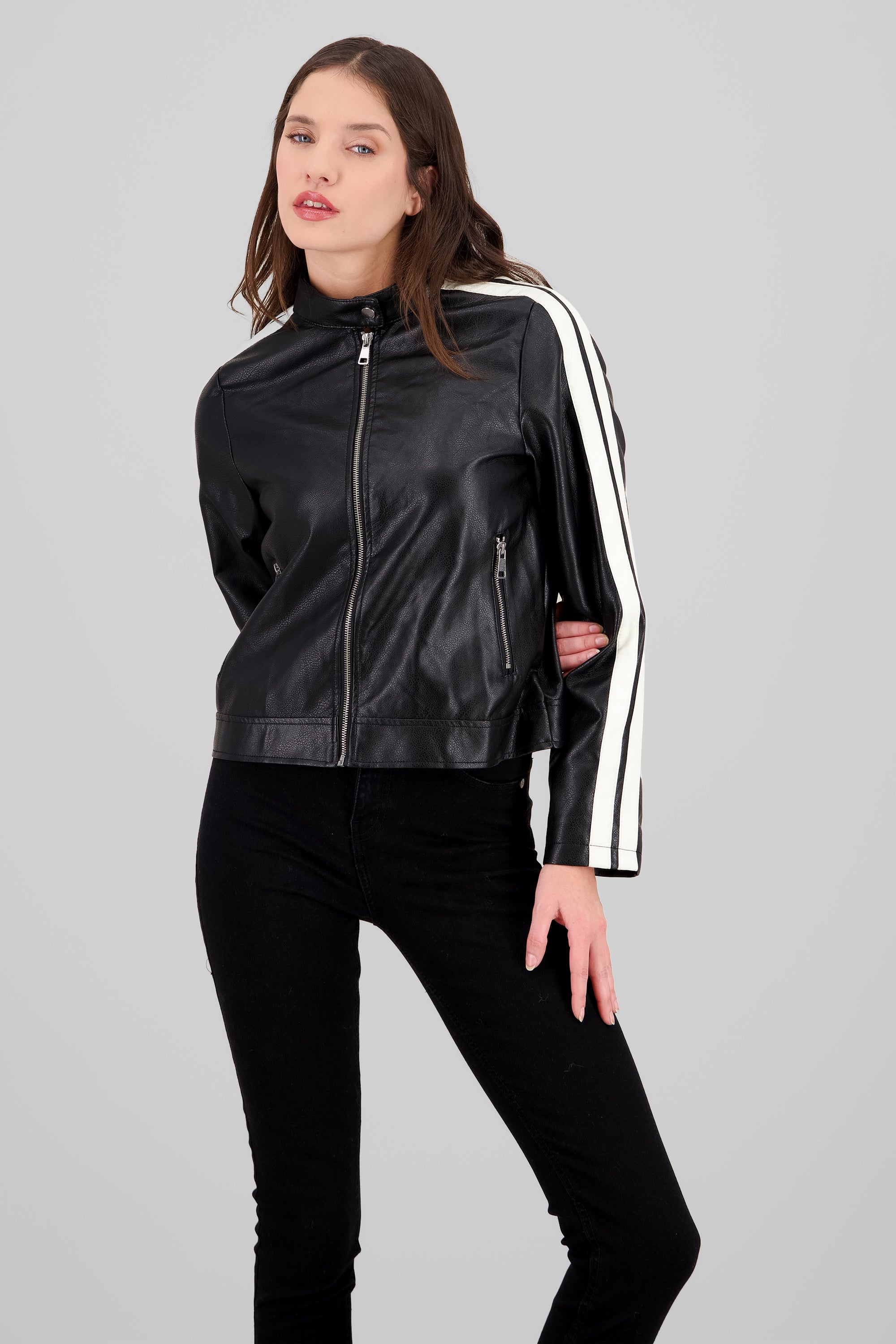 Contrast Trim Biker Jacket BLACK