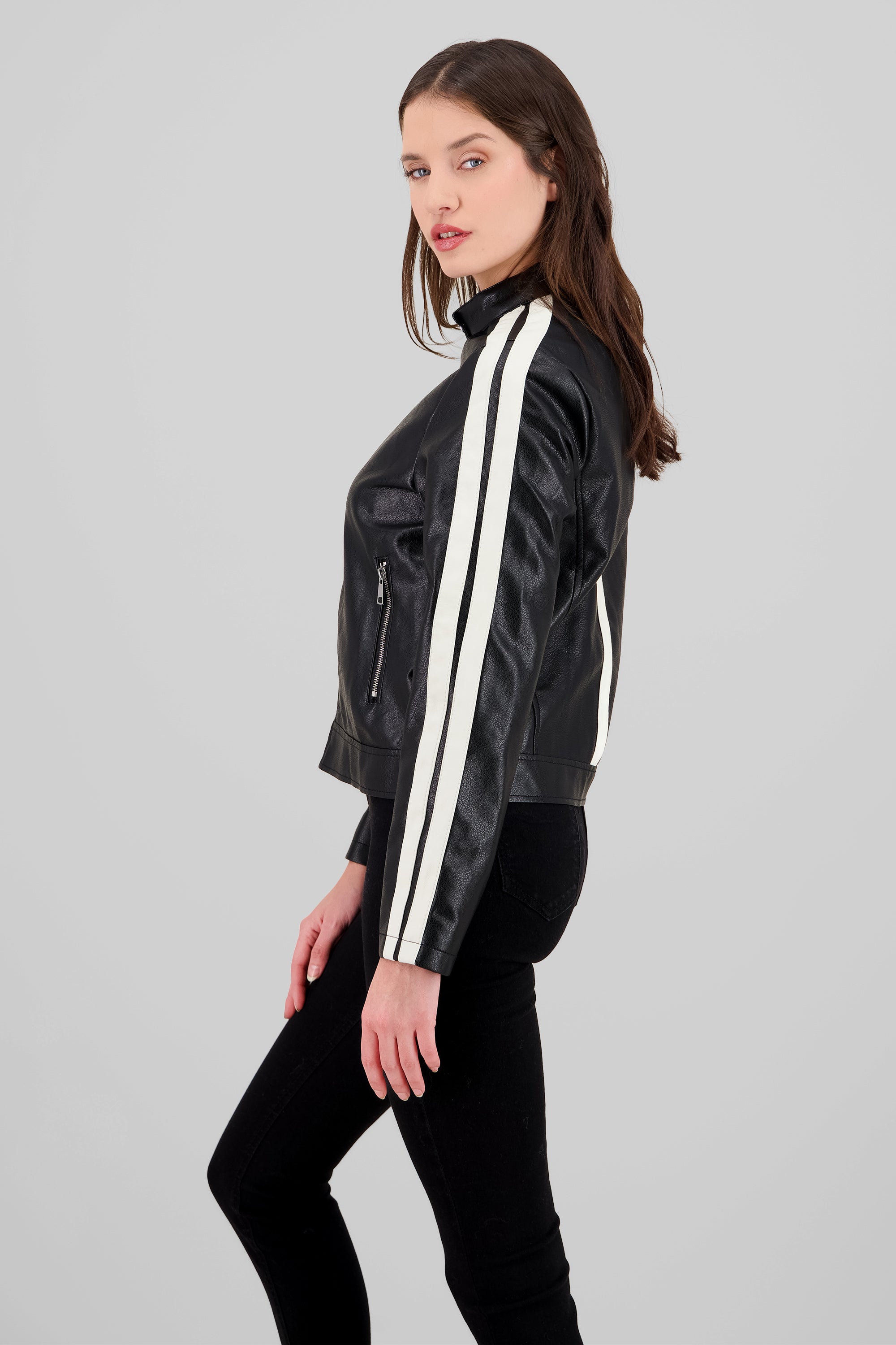 Contrast Trim Biker Jacket BLACK