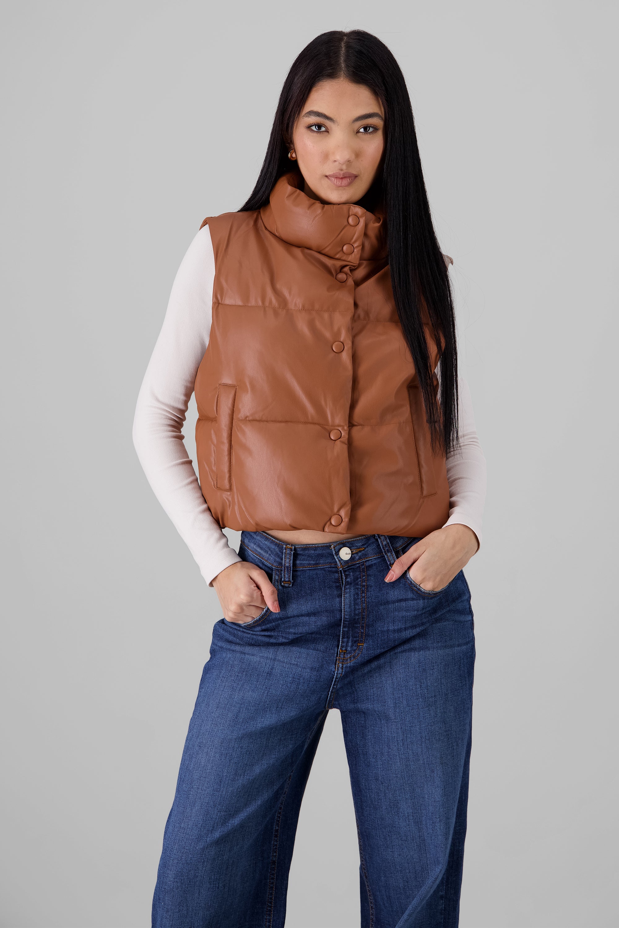 Quilted Faux Leather Vest CAMEL