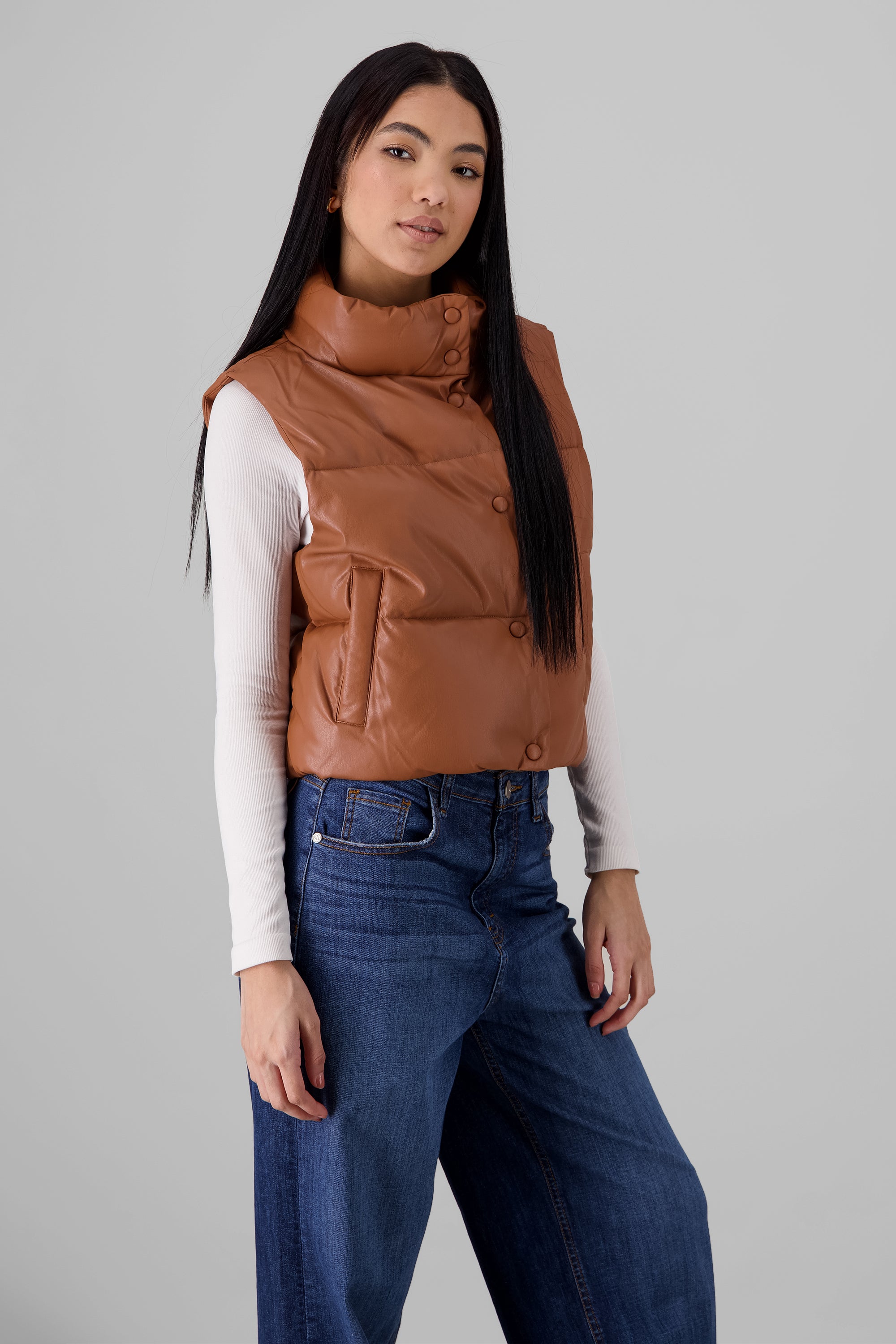 Quilted Faux Leather Vest CAMEL