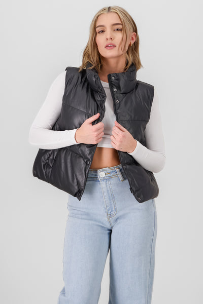 Quilted Faux Leather Vest BLACK