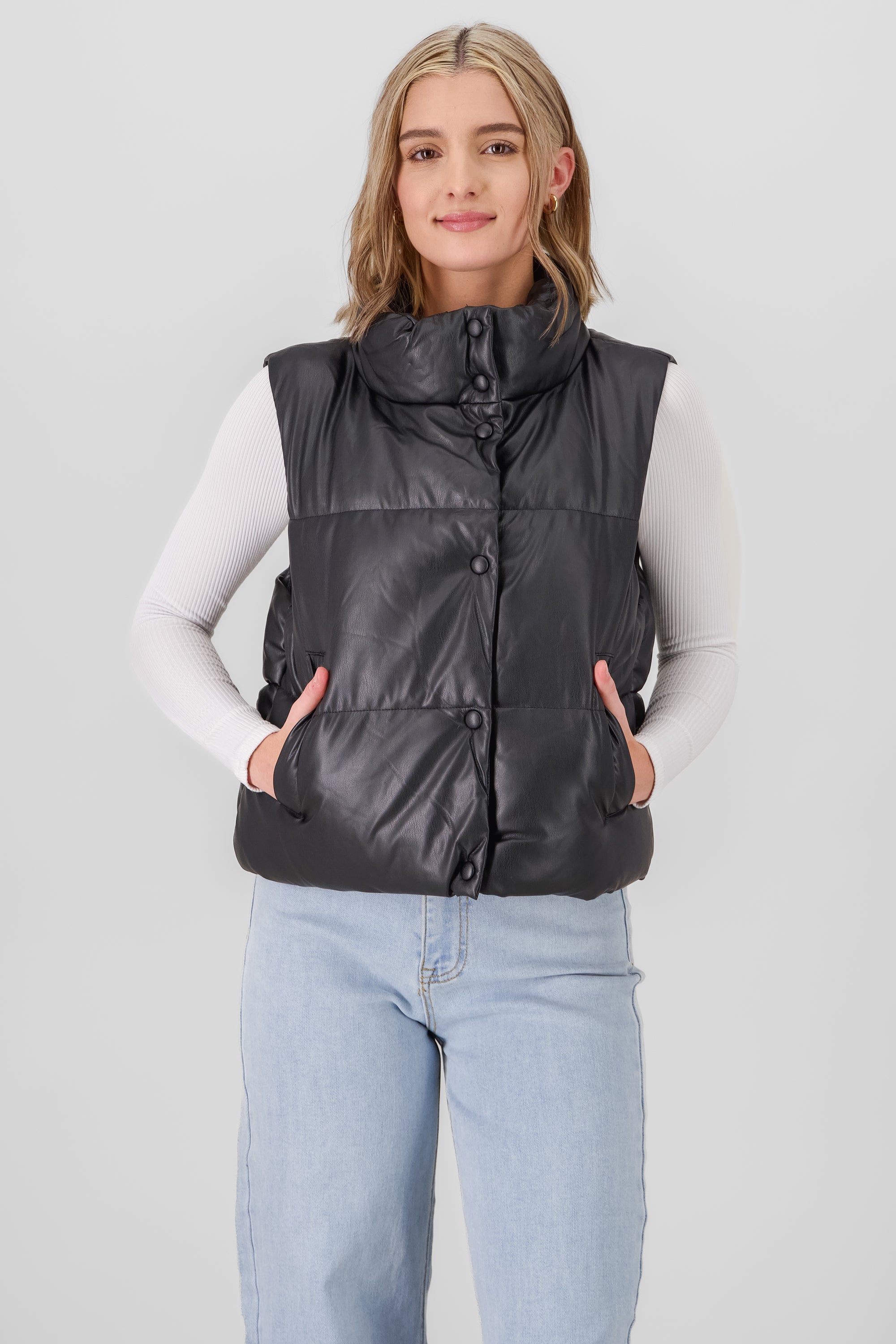 Quilted Faux Leather Vest BLACK