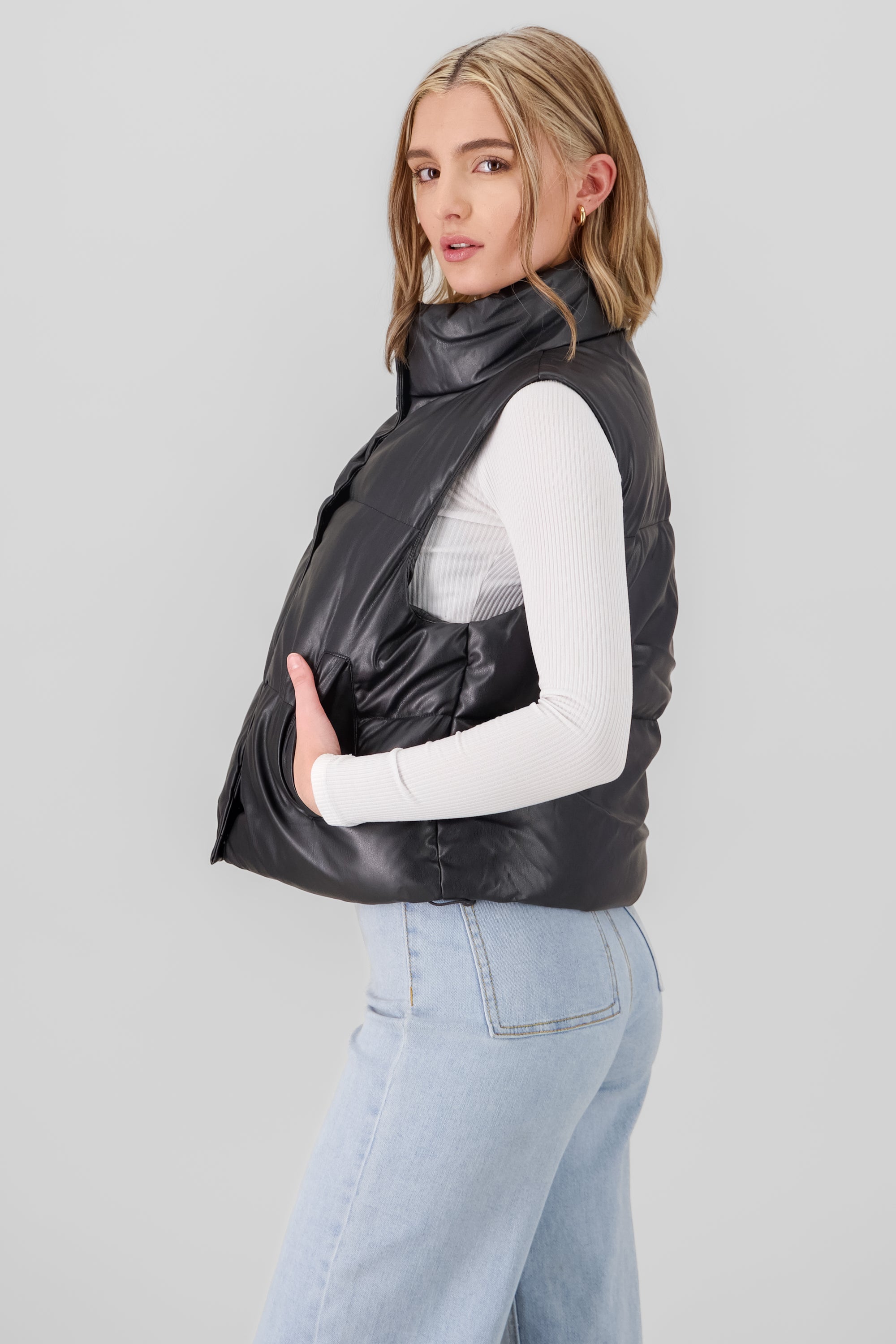 Quilted Faux Leather Vest BLACK