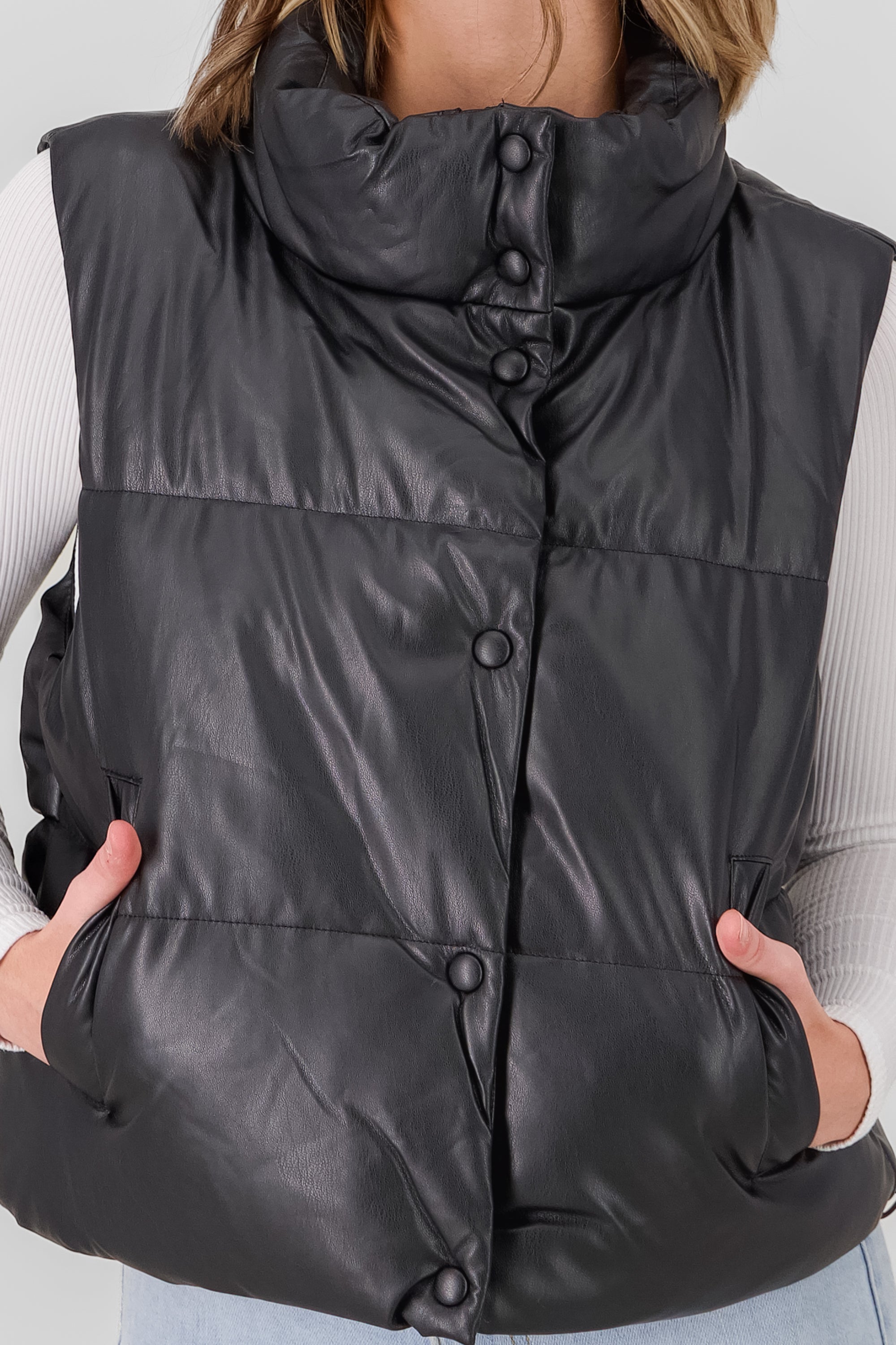 Quilted Faux Leather Vest BLACK