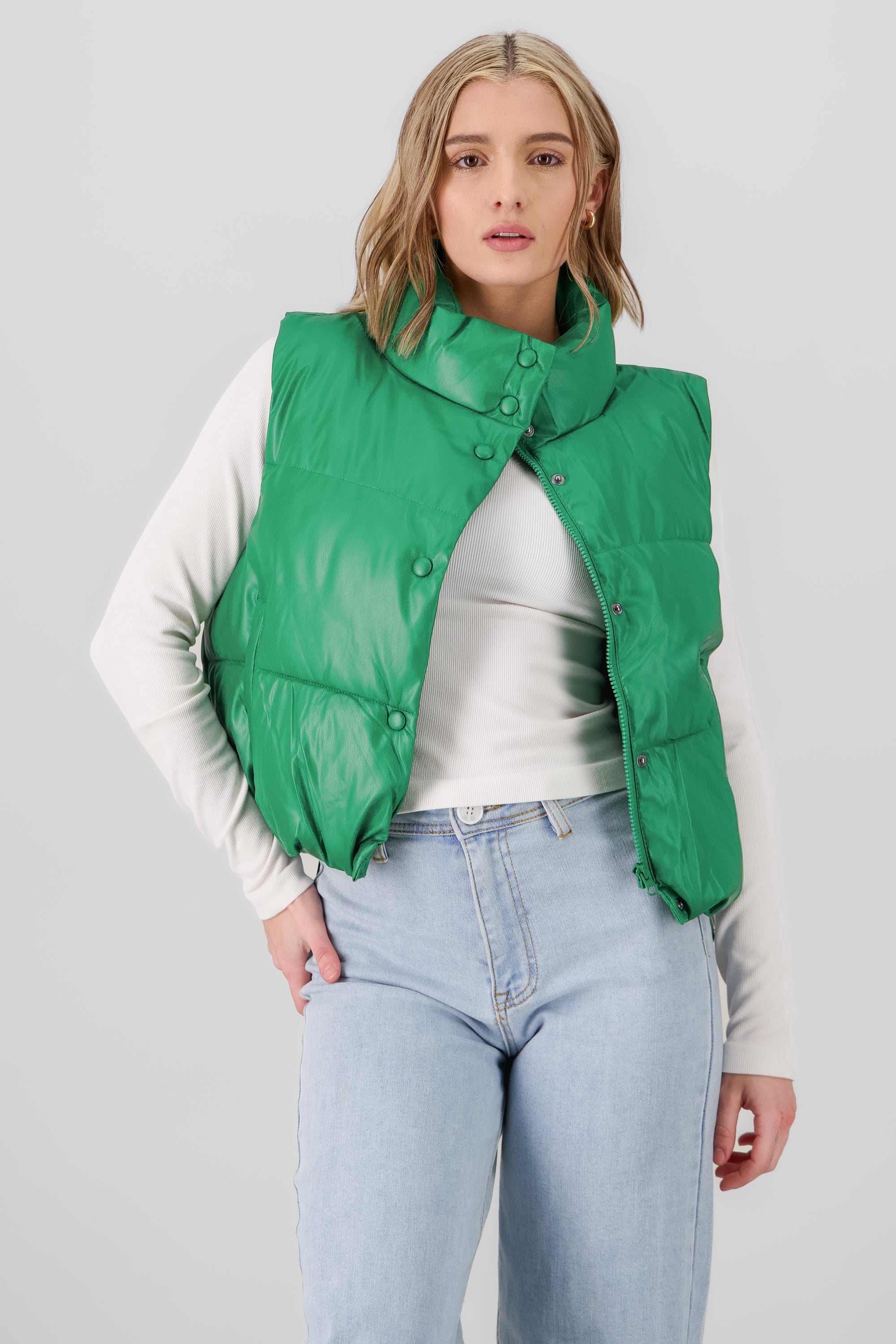 Quilted Faux Leather Vest GREEN