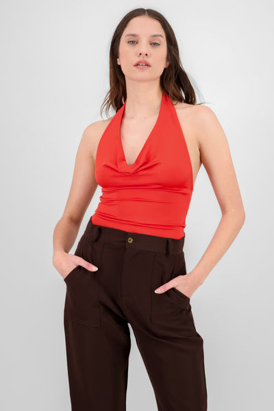 Cowl Neck Halter Bodysuit RED