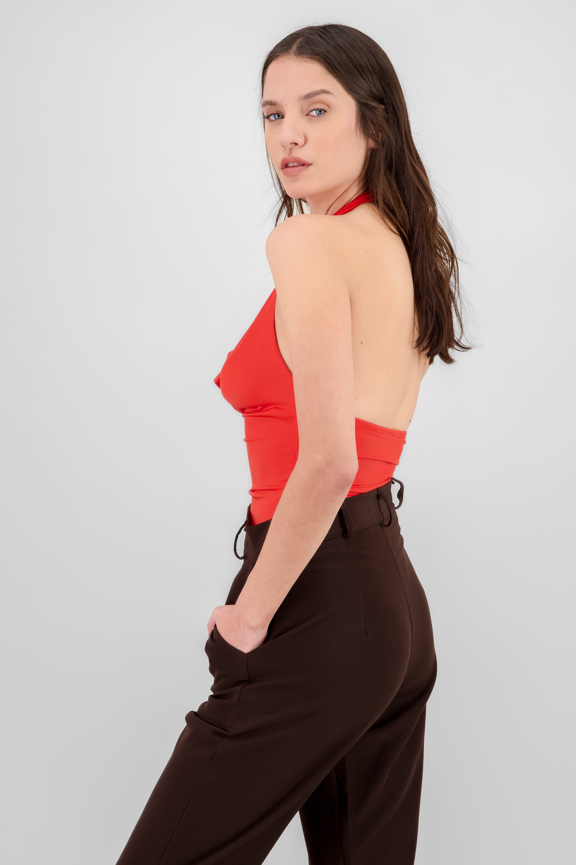 Cowl Neck Halter Bodysuit RED