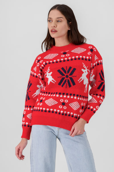 Reindeer and Snowflake Christmas Sweater RED COMBO